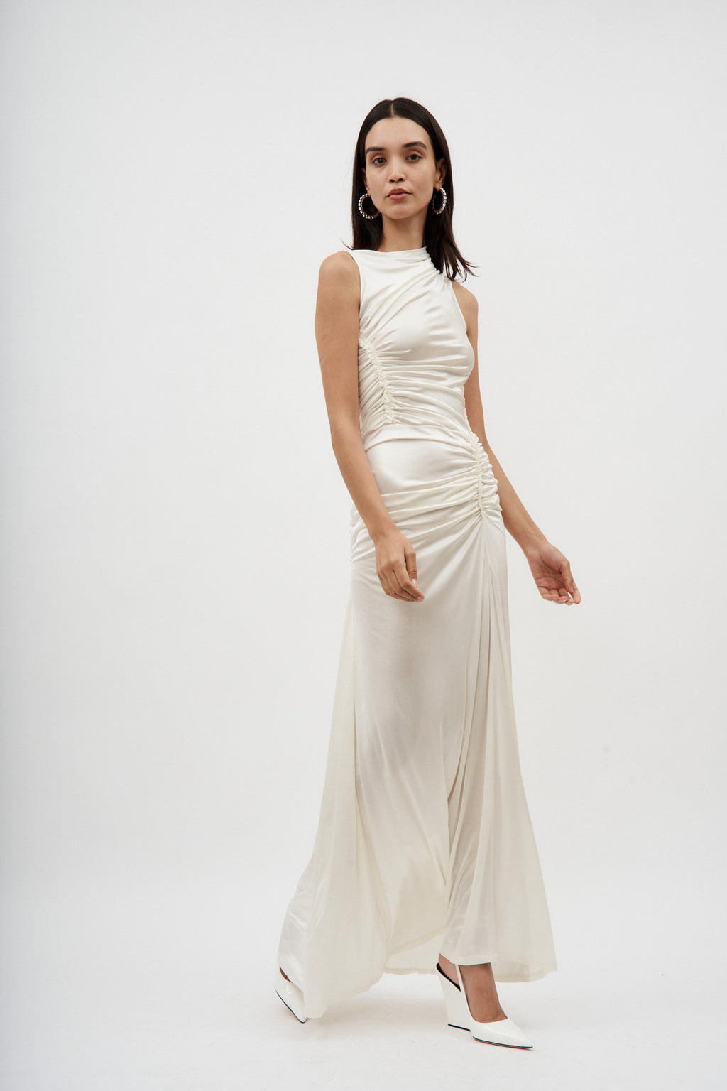 Sleeveless White Ruched Gown