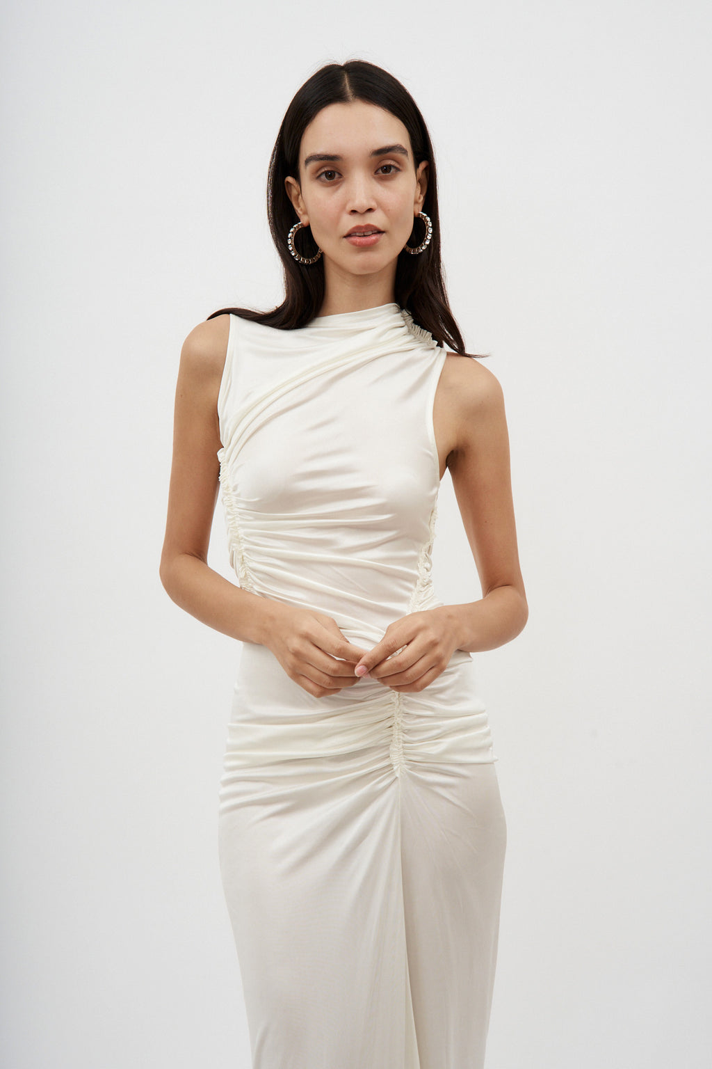 Sleeveless White Ruched Gown