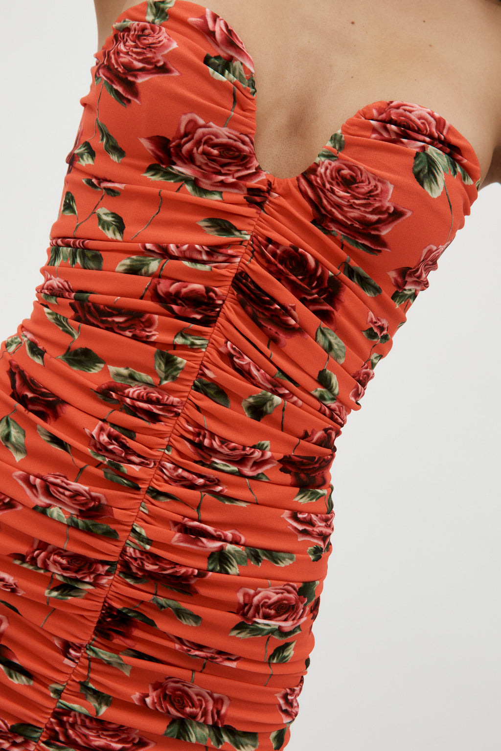Strapless Ruched Bustier Red Floral Print Mini Dress