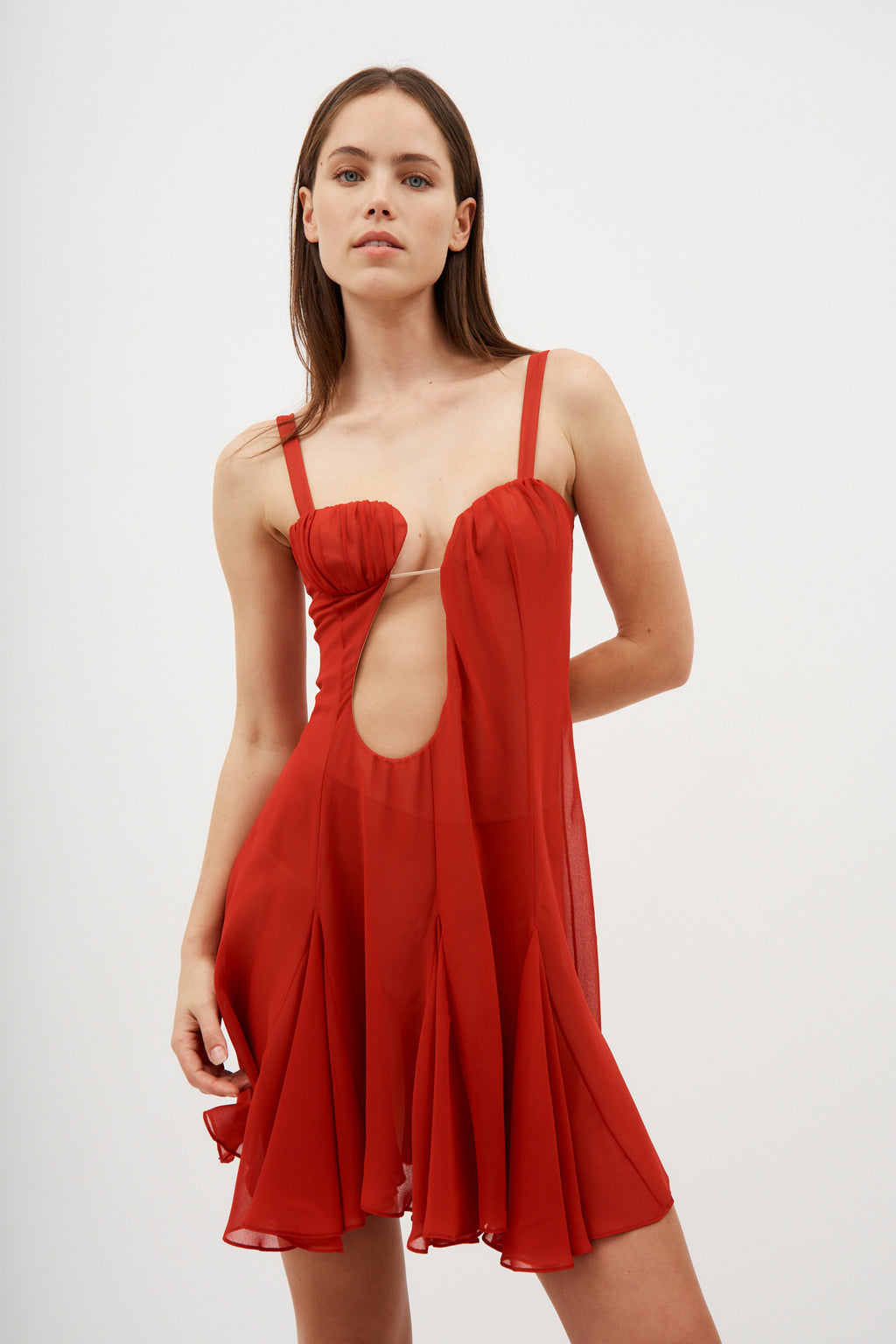Asymmetrical Panel Godet Red Mini Dress