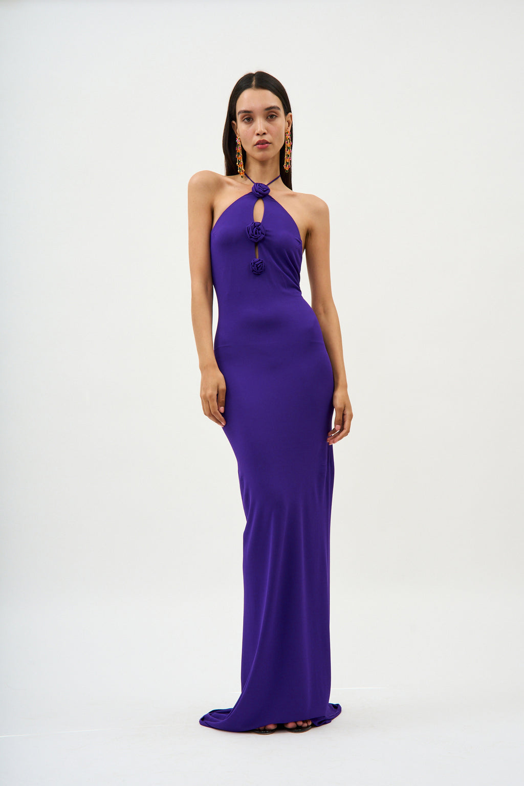 Rosette Halter Jersey Violet Maxi Dress