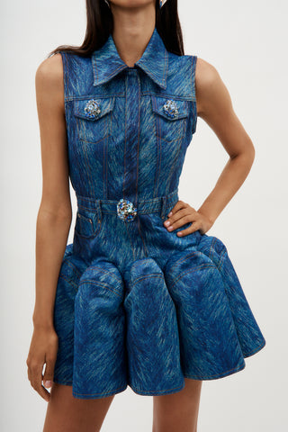 Fur Printed Godet Mini Dress Indigo Multi