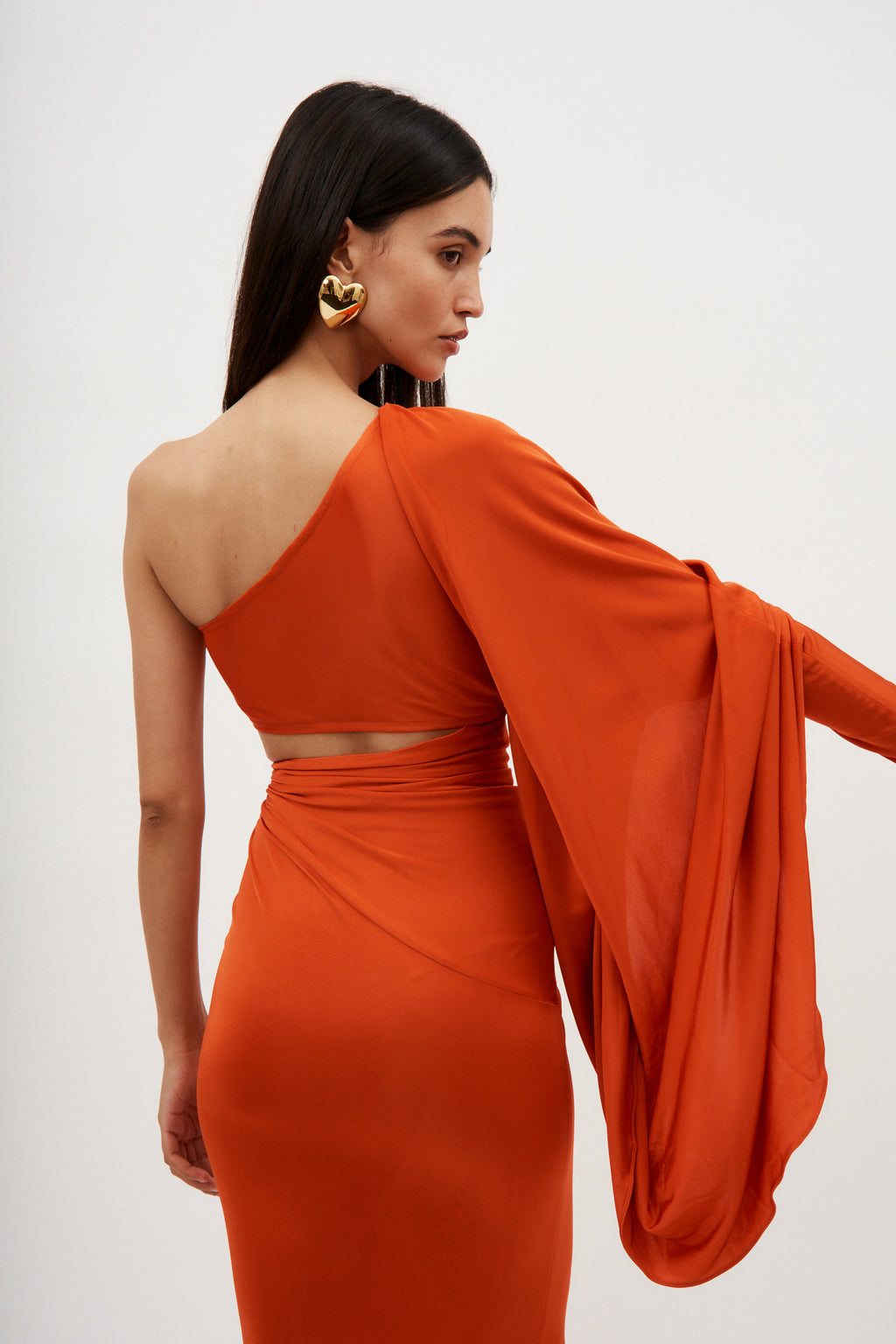 Asymmetric One Sleeve Orange Cut Out Dress