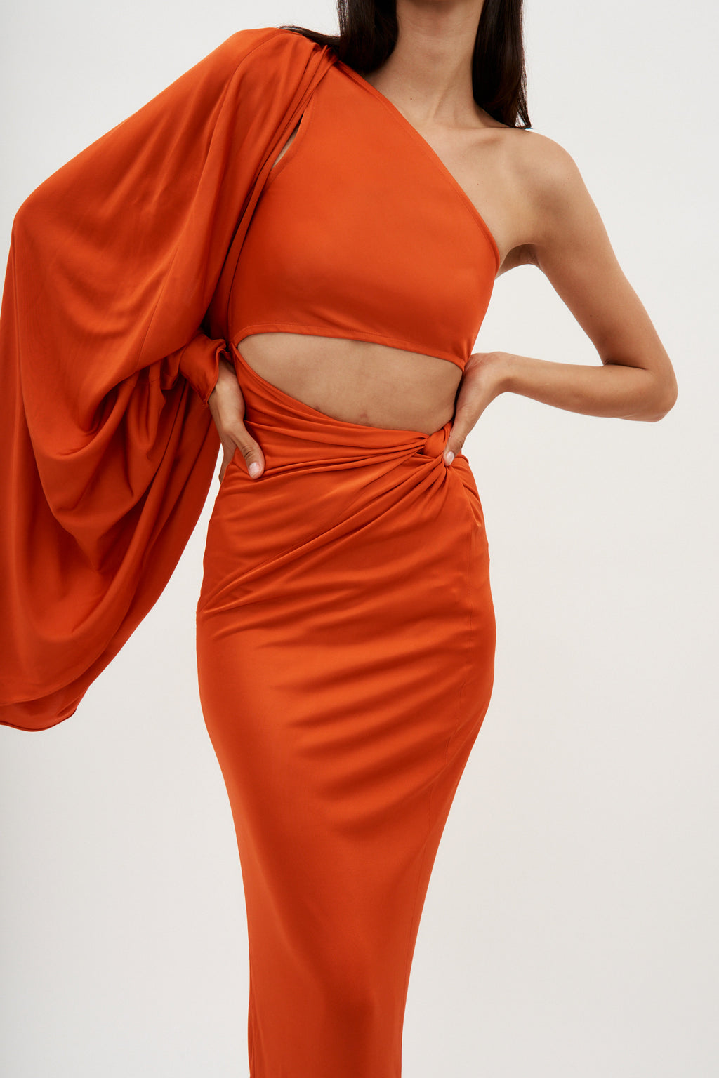 Asymmetric One Sleeve Orange Cut Out Dress