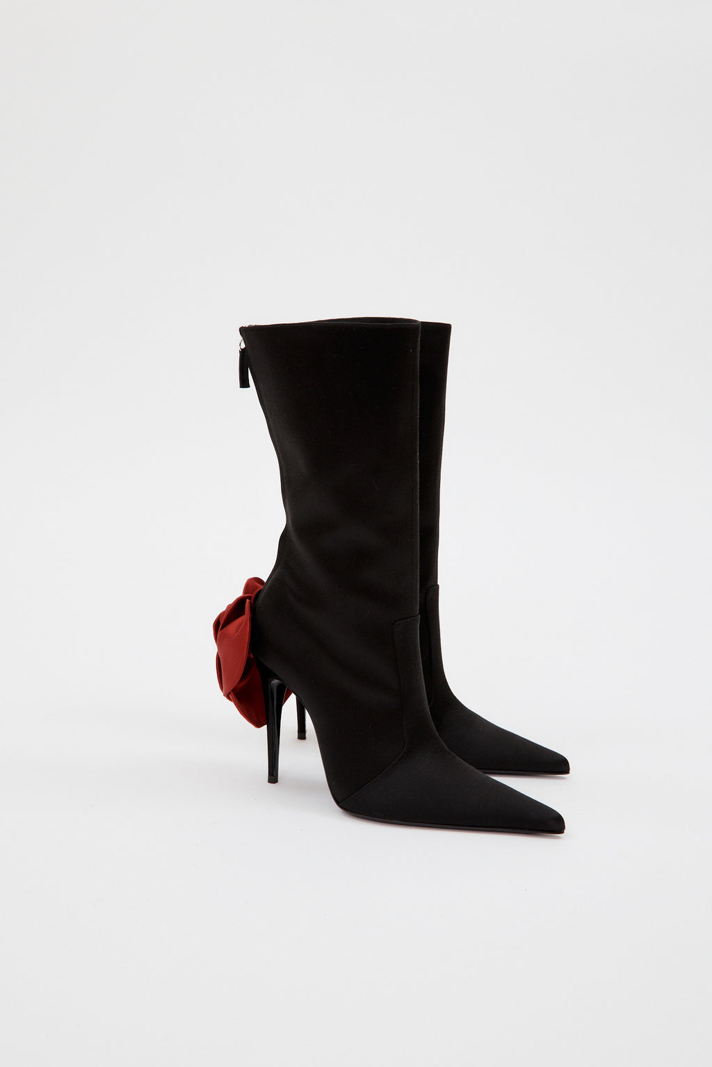 Pointed Toe Red Flower Black Boots