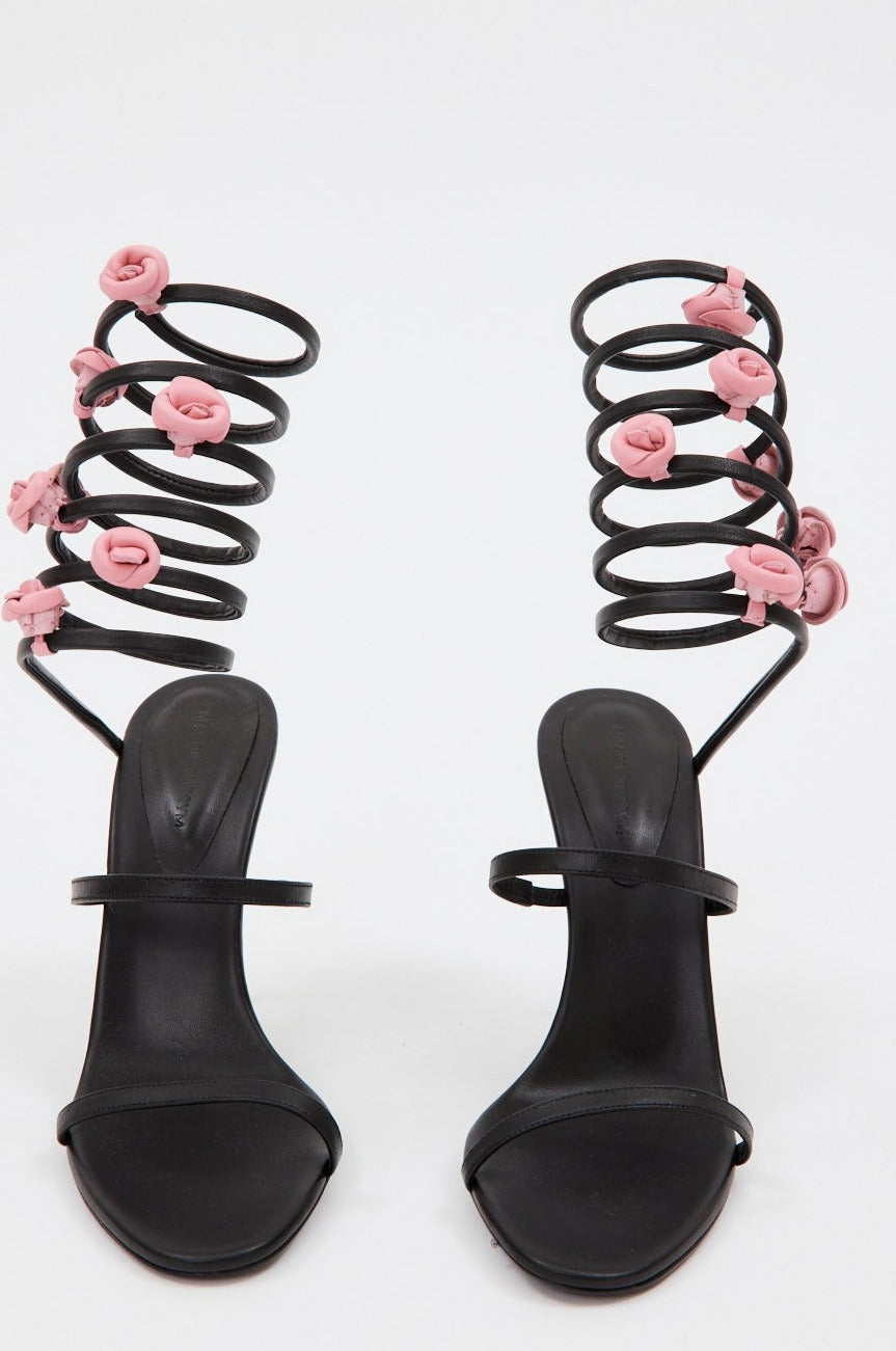 Pink Flower Black Spiral Sandals