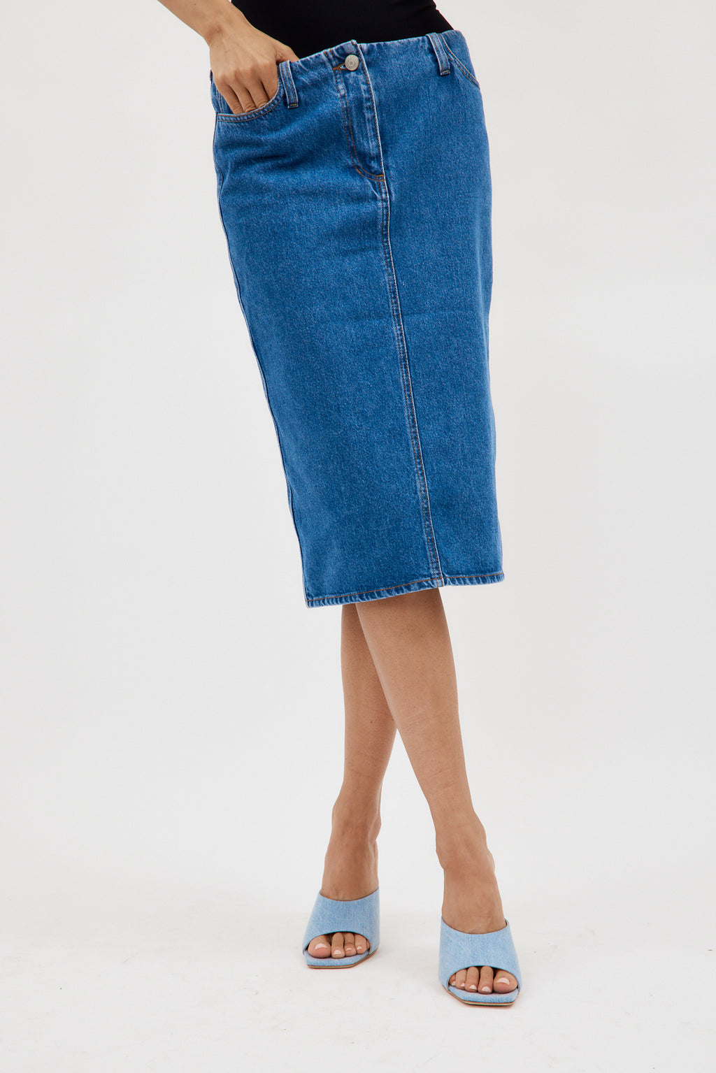Knee Length Blue Denim Pencil Skirt