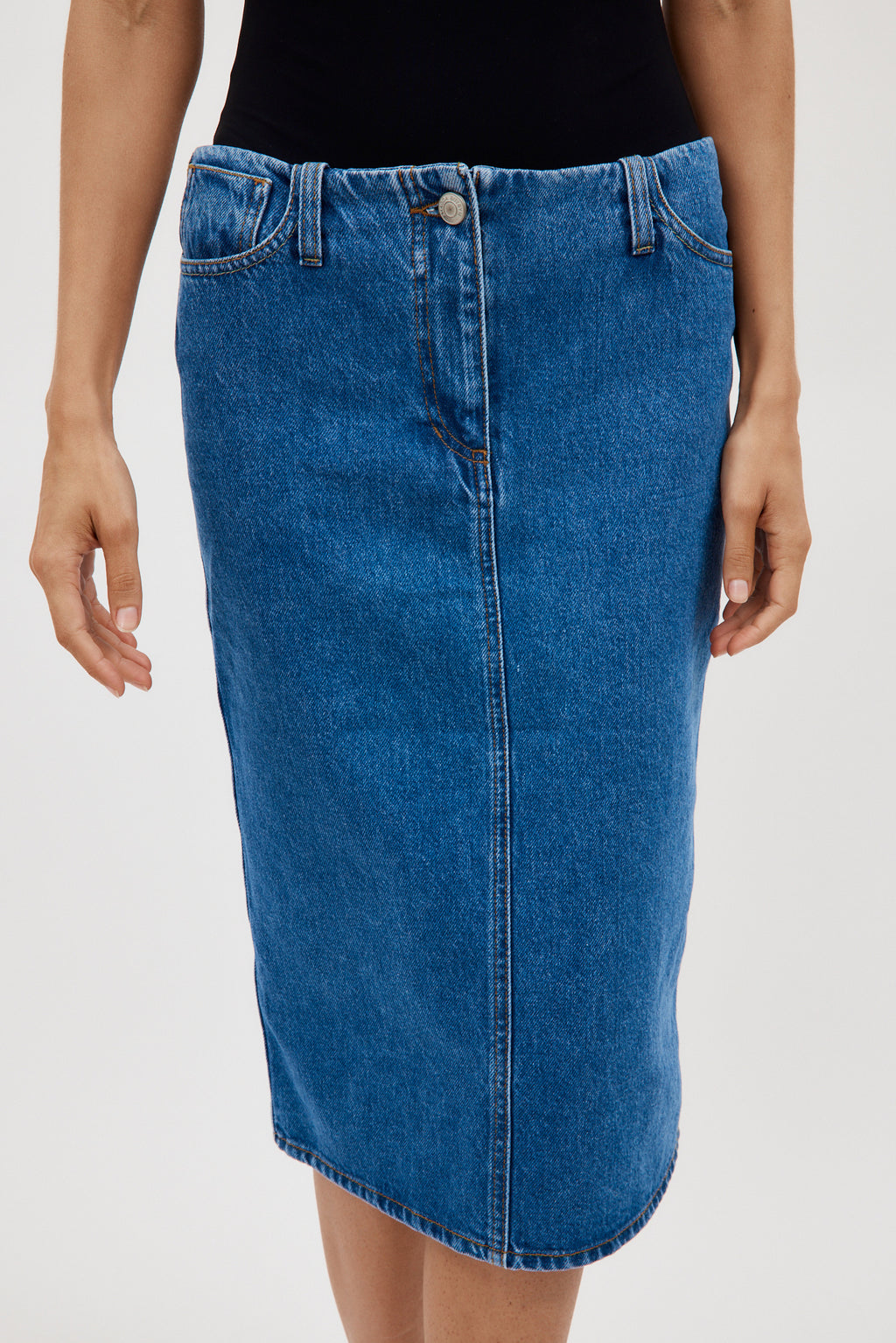Knee Length Blue Denim Pencil Skirt