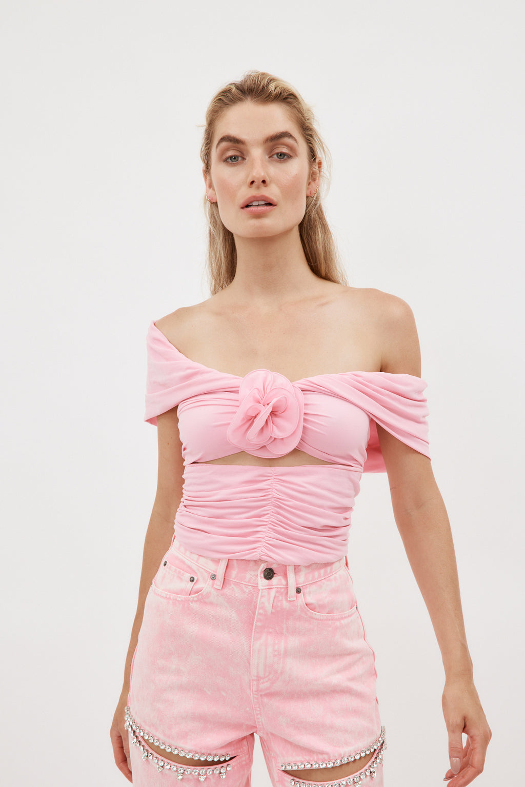 Off Shoulder Ruched Pink Cut Out Top