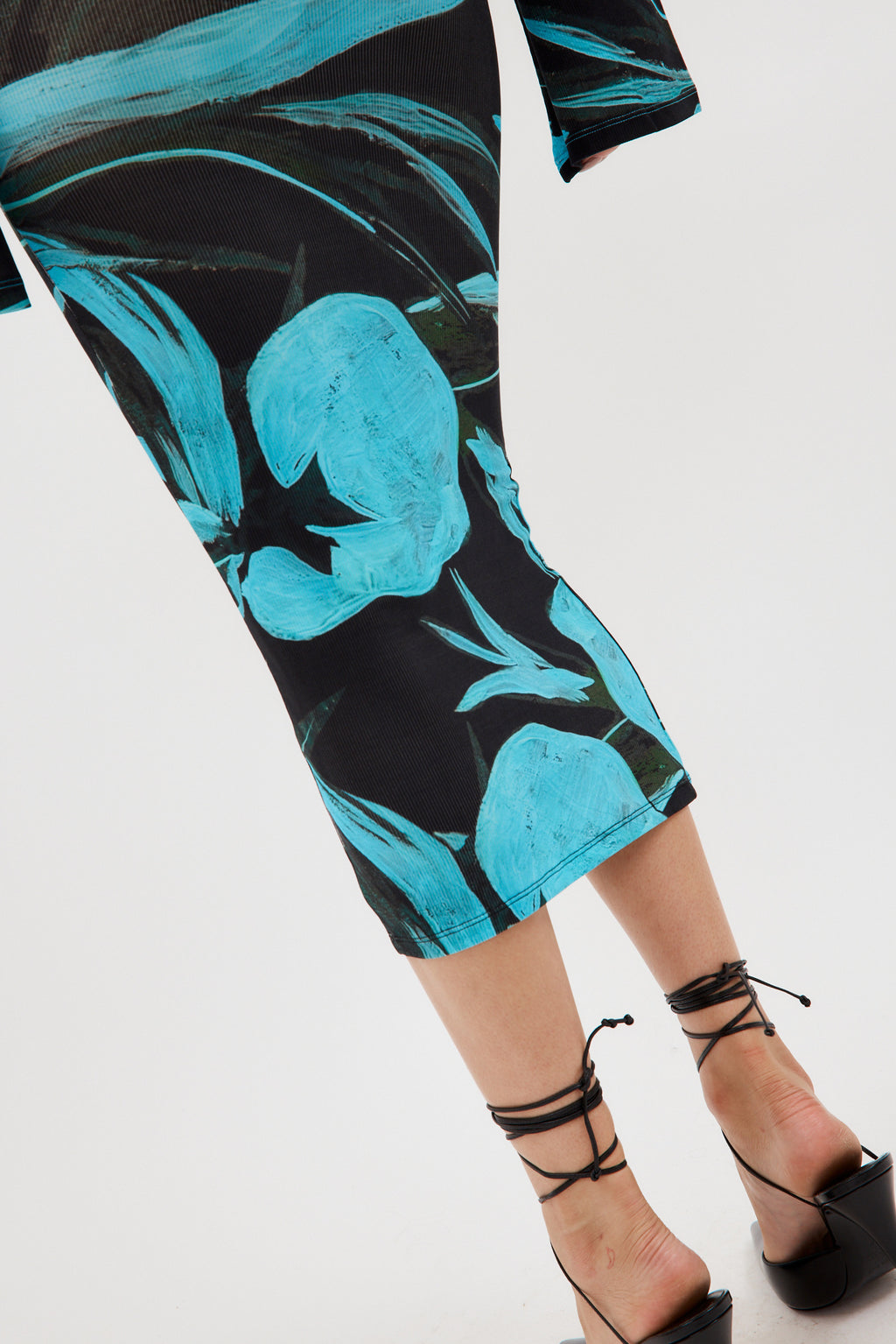 Ribbed Midi Turquoise Flower Skirt