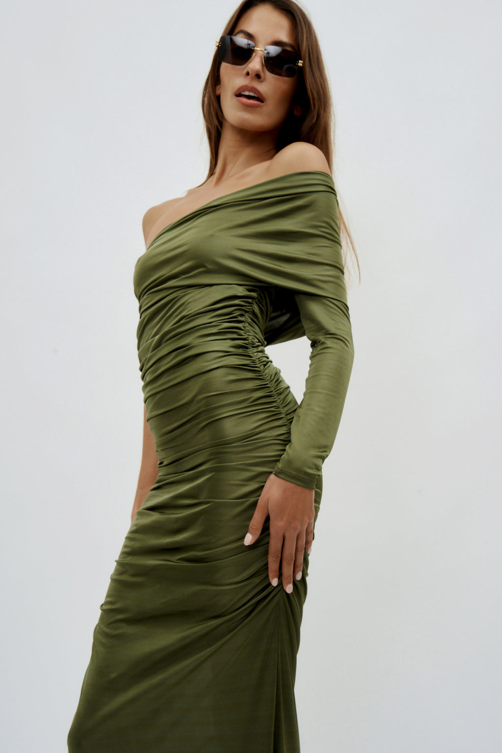 Draped Long Sleeve Mini Mousse Gown