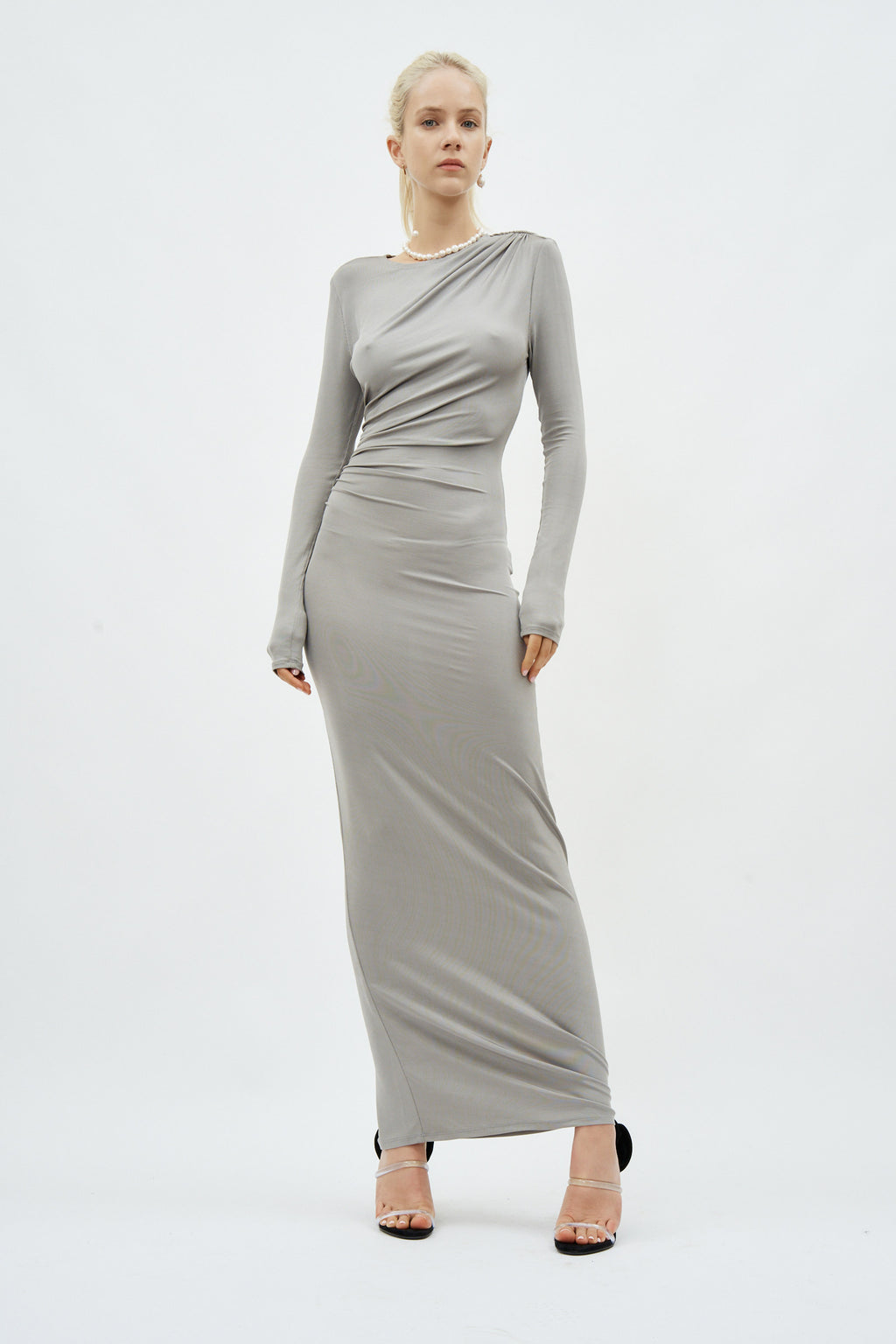 Long Sleeve Ruched Bodycon Grey Dress