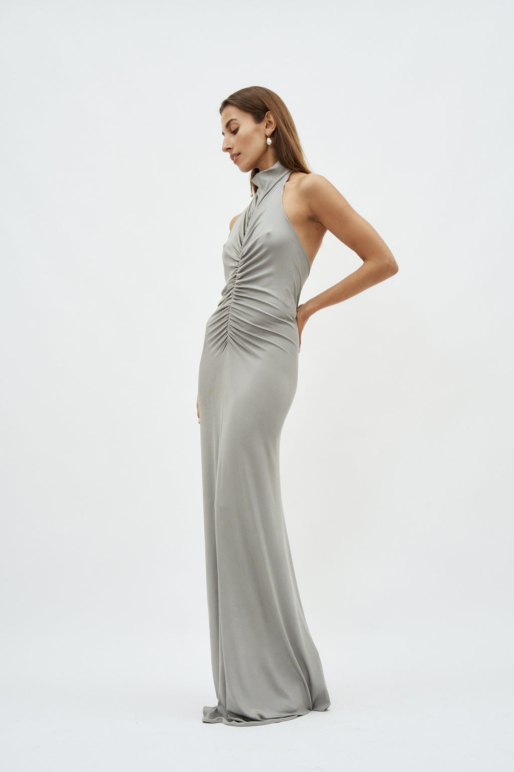 Halter Neck Front Ruched Grey Gown