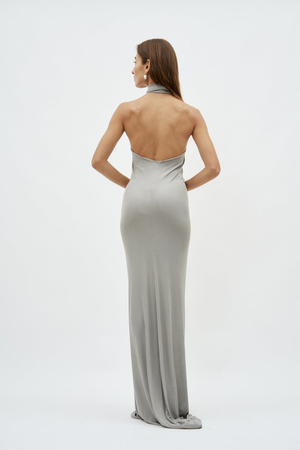 Halter Neck Front Ruched Grey Gown