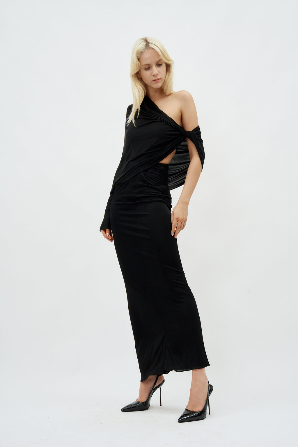 Asymmetric One Sleeve Black Cut Out Dress