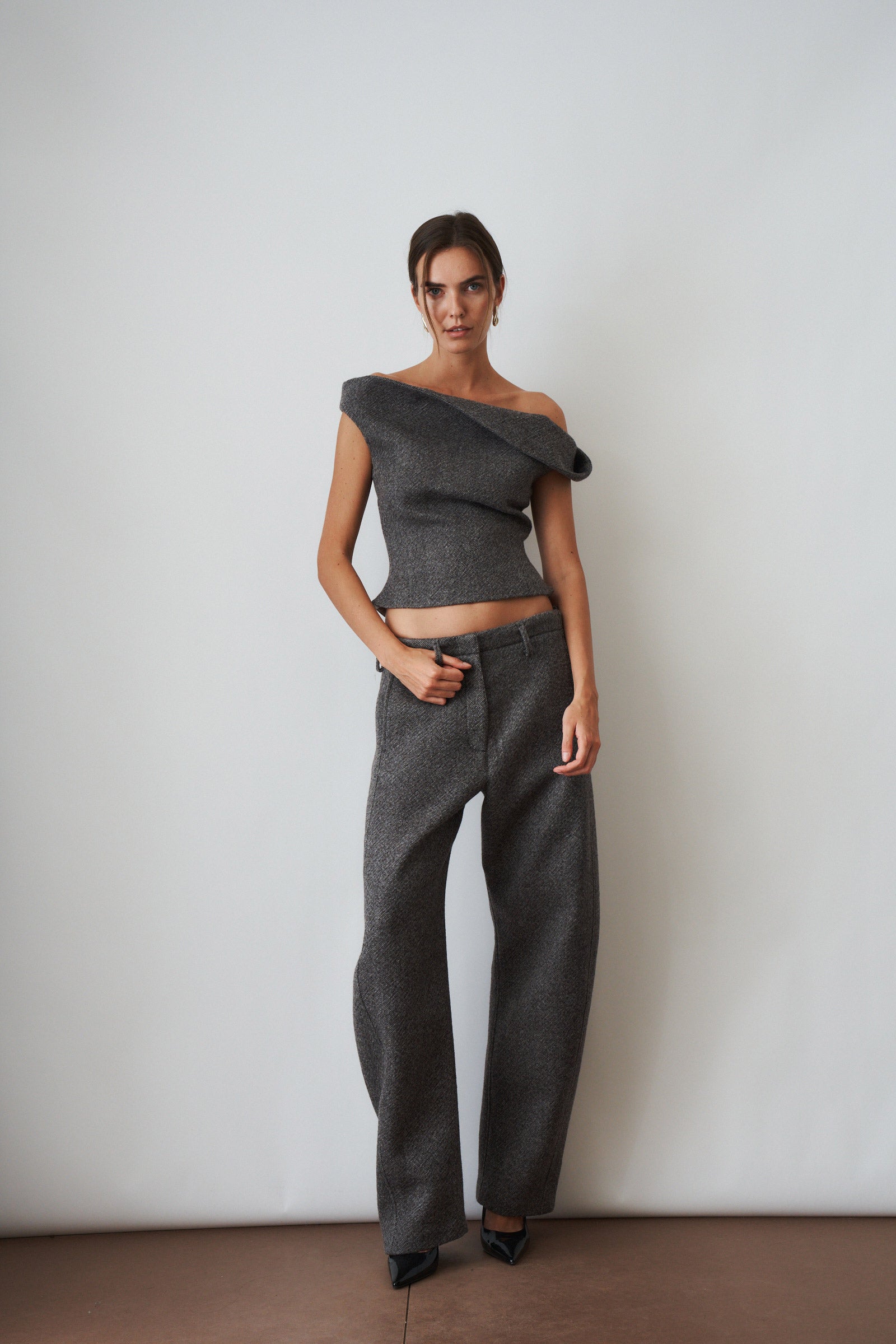 Wide Leg Herringbone Trousers Grey