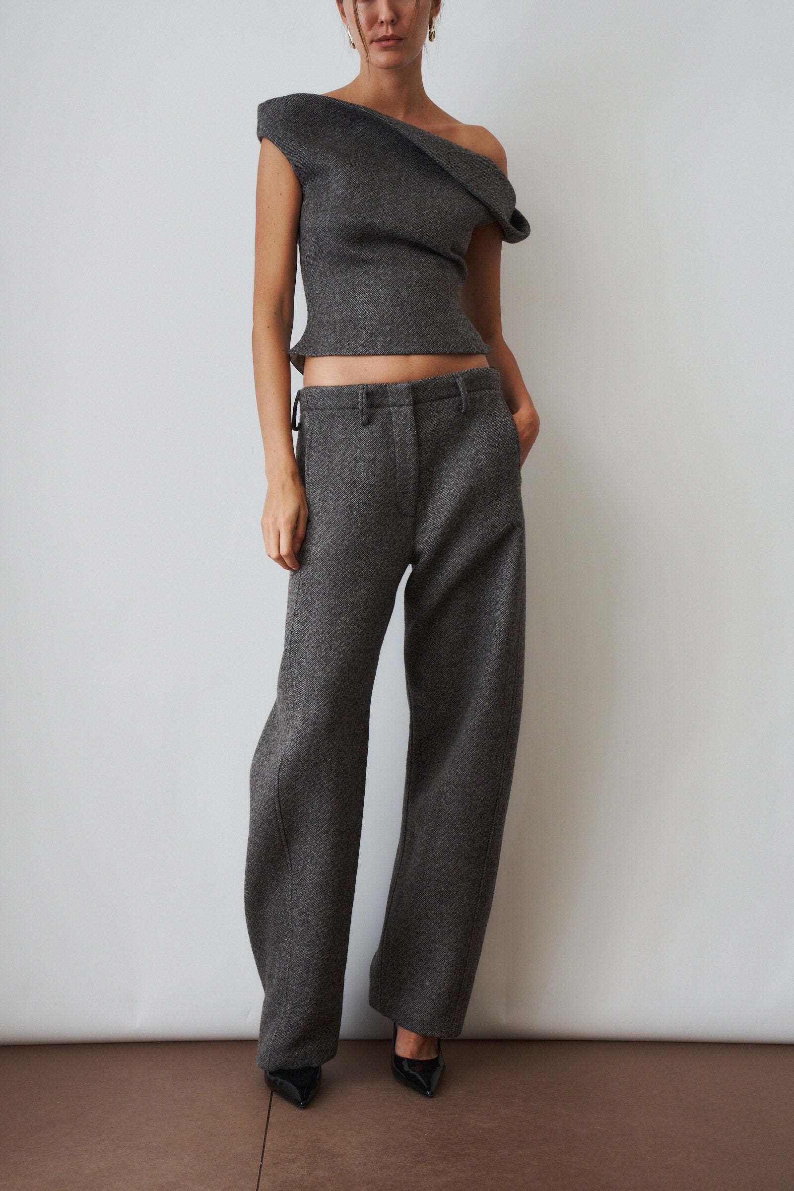 Wide Leg Herringbone Trousers Grey