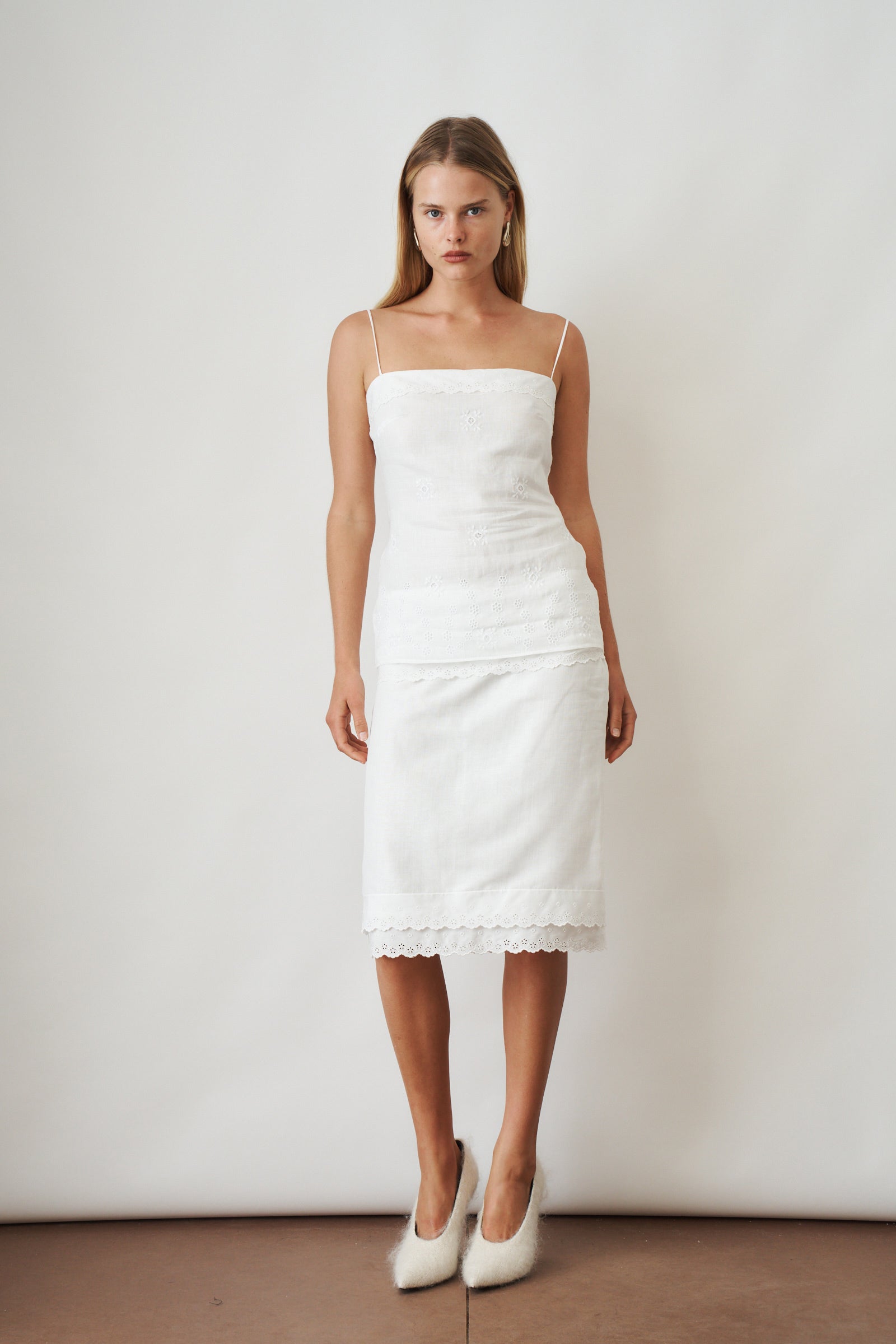 Layered Pencil Skirt With Lace Trim White