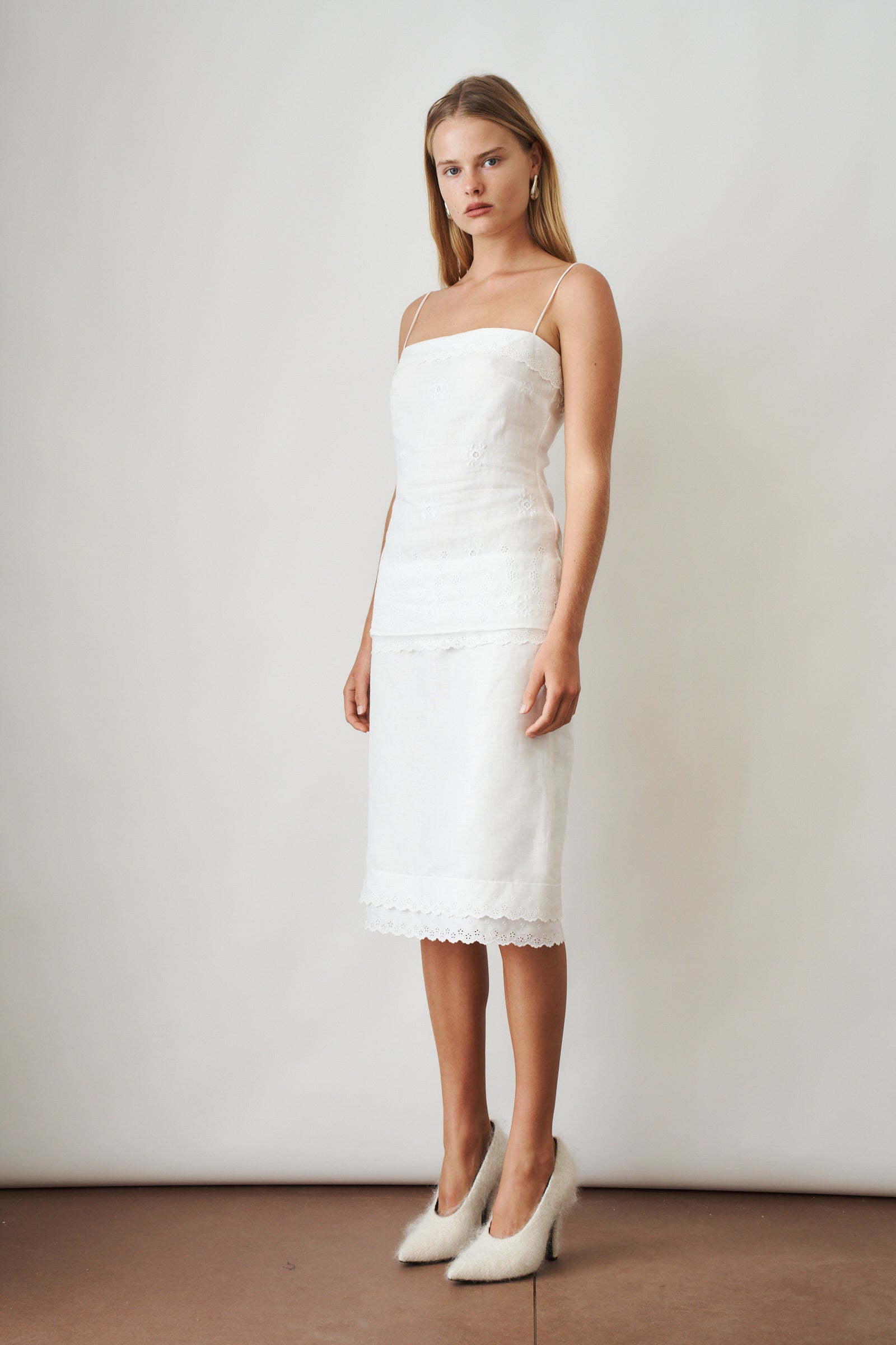 Layered Pencil Skirt With Lace Trim White