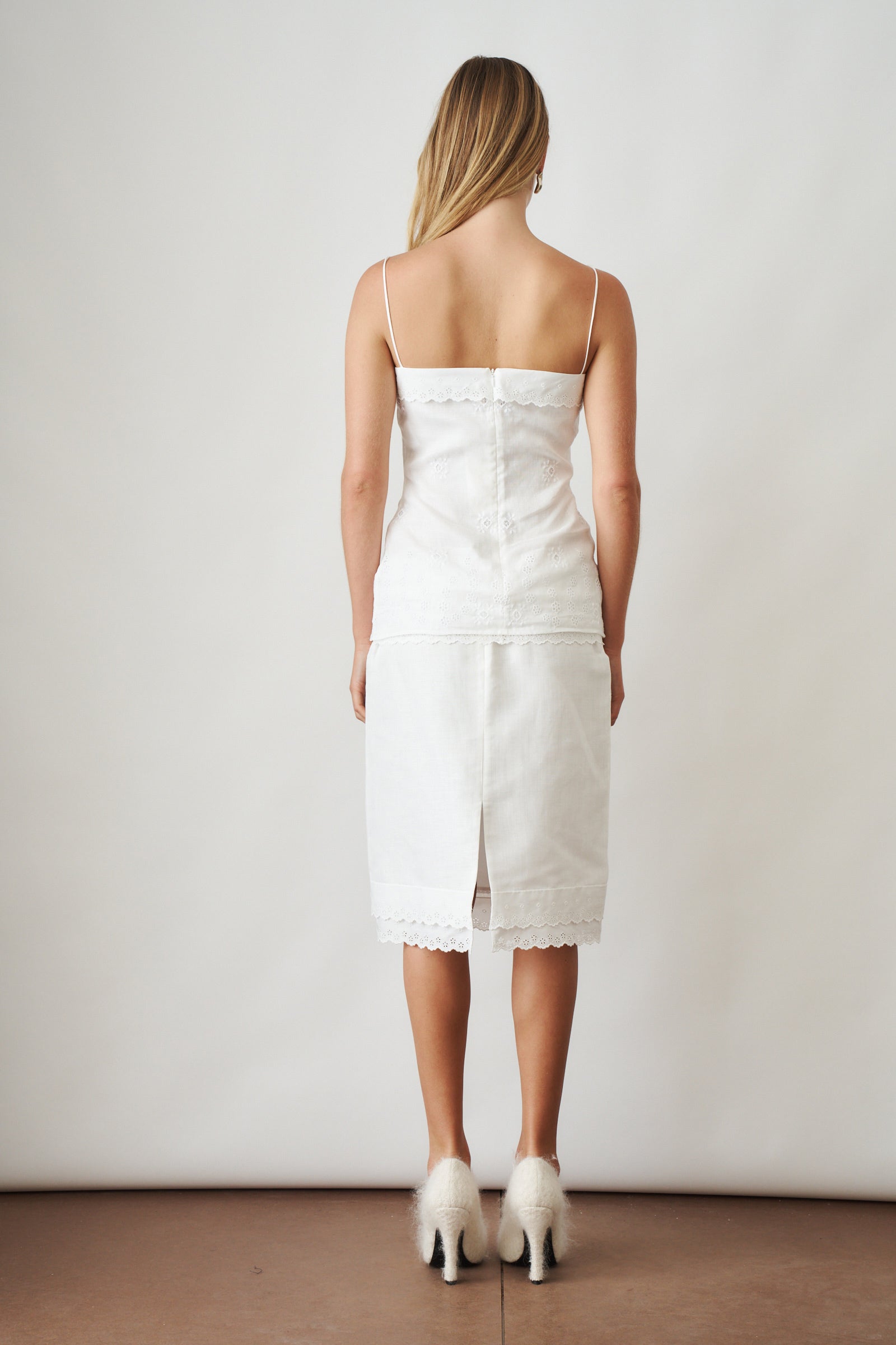 Layered Pencil Skirt With Lace Trim White