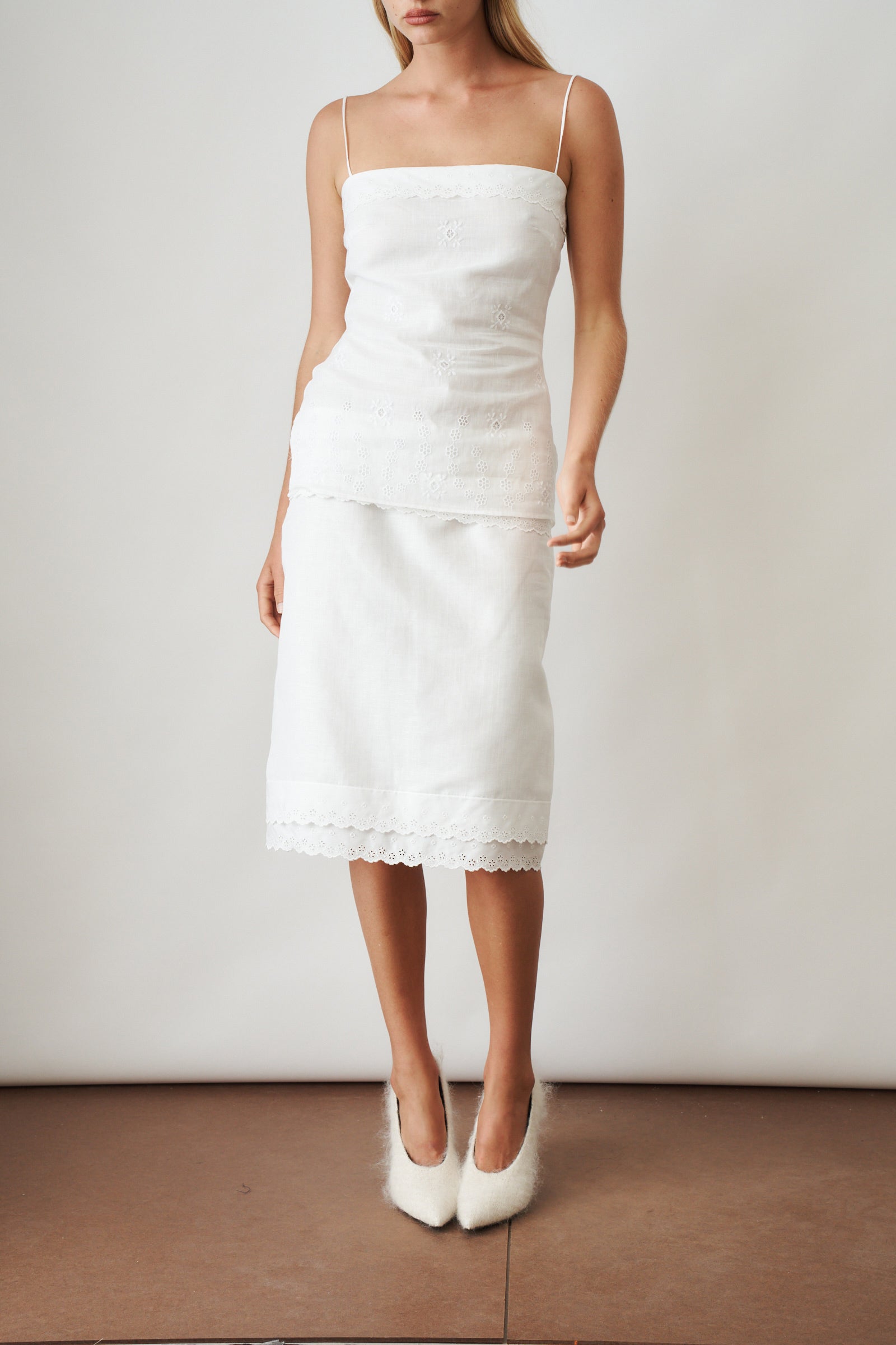 Layered Pencil Skirt With Lace Trim White