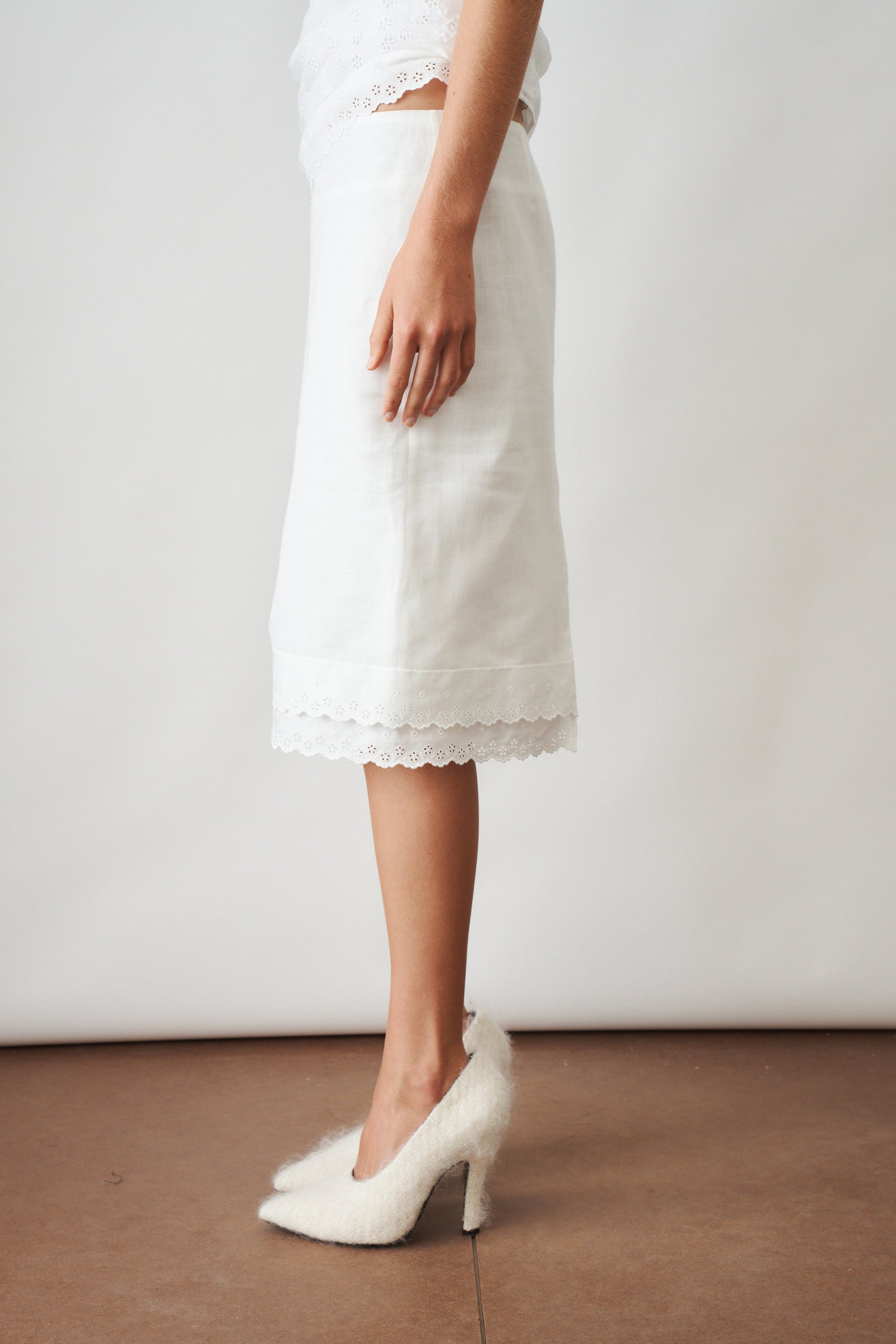 Layered Pencil Skirt With Lace Trim White