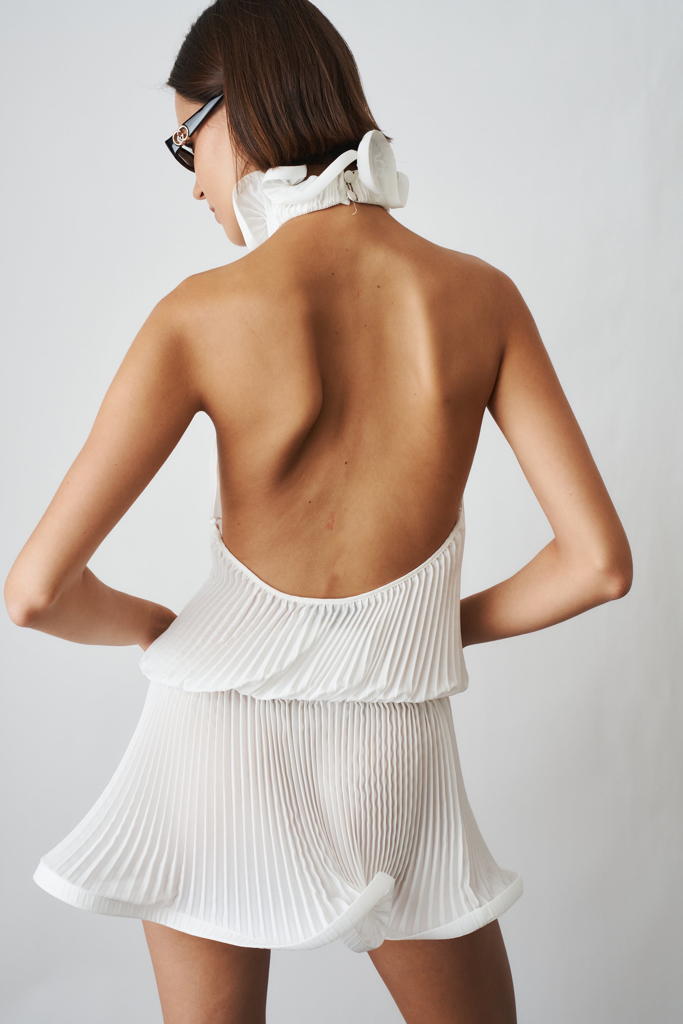 Pleated Turtle Neck Mini Dress in White