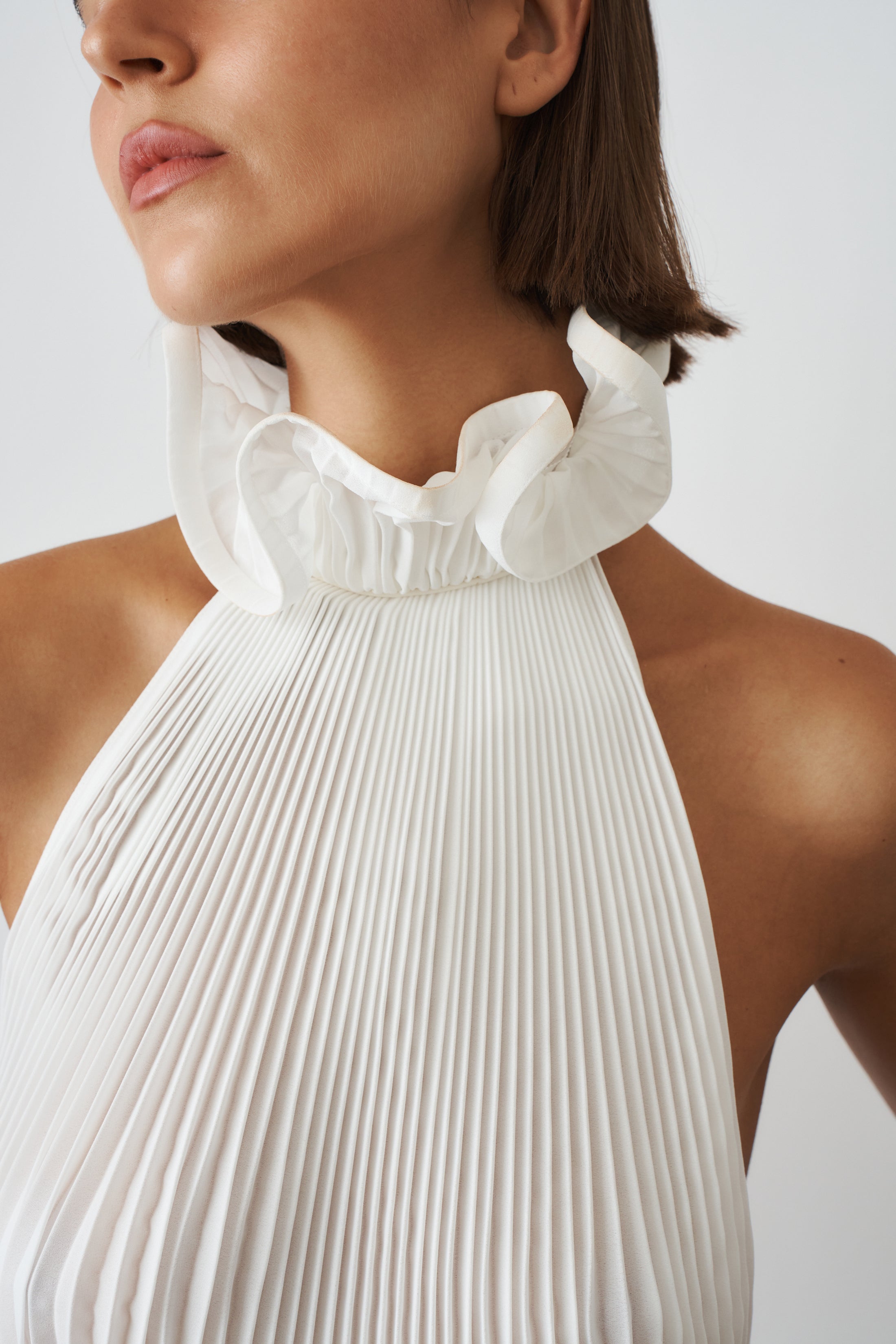 Pleated Turtle Neck Mini Dress in White