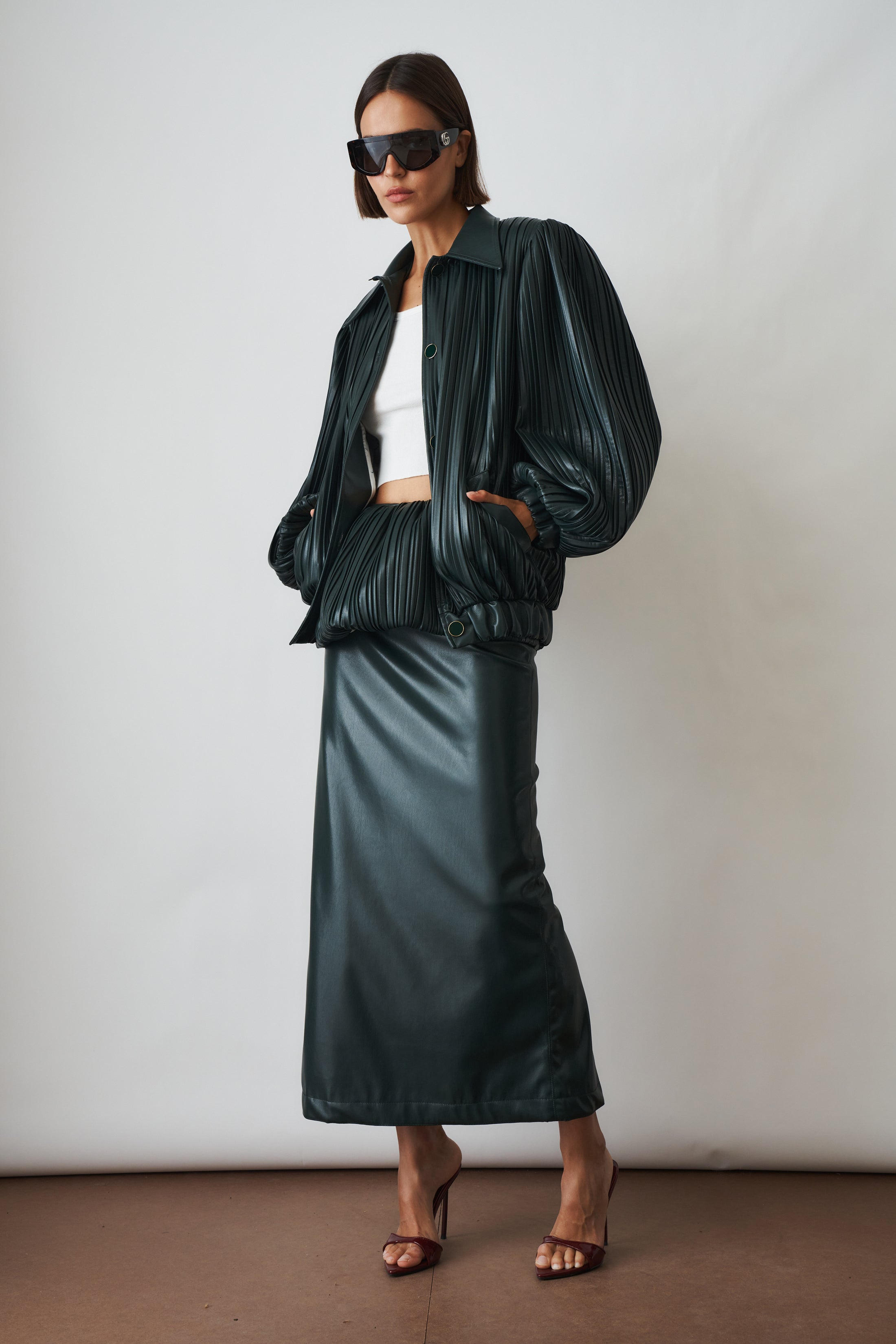 Pleated Balloon Skirt In Eco Leather Green