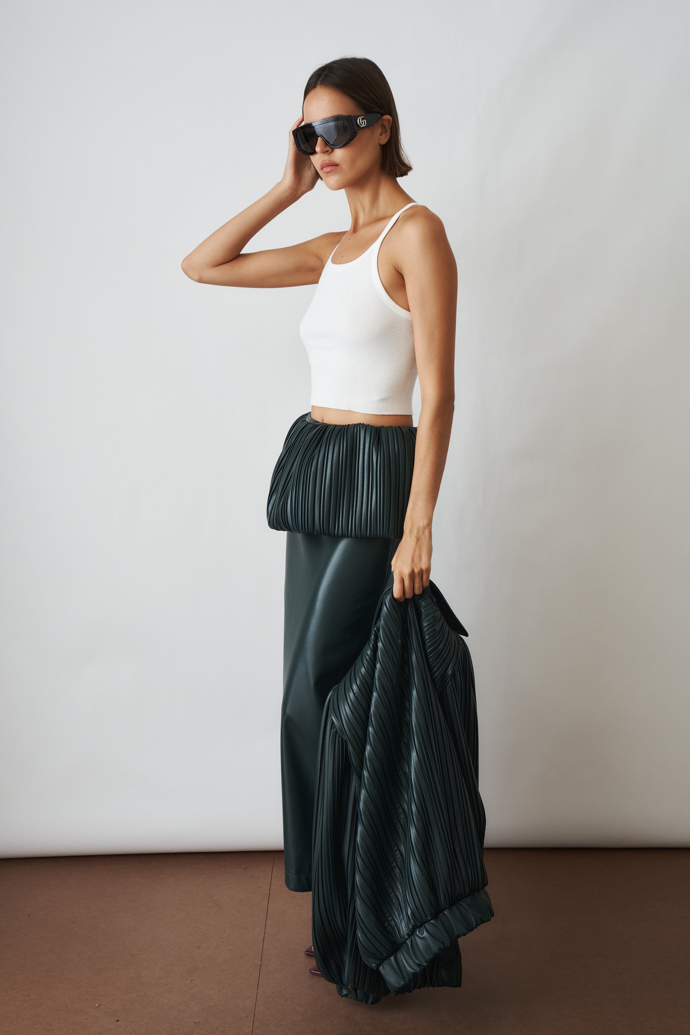 Pleated Balloon Skirt In Eco Leather Green