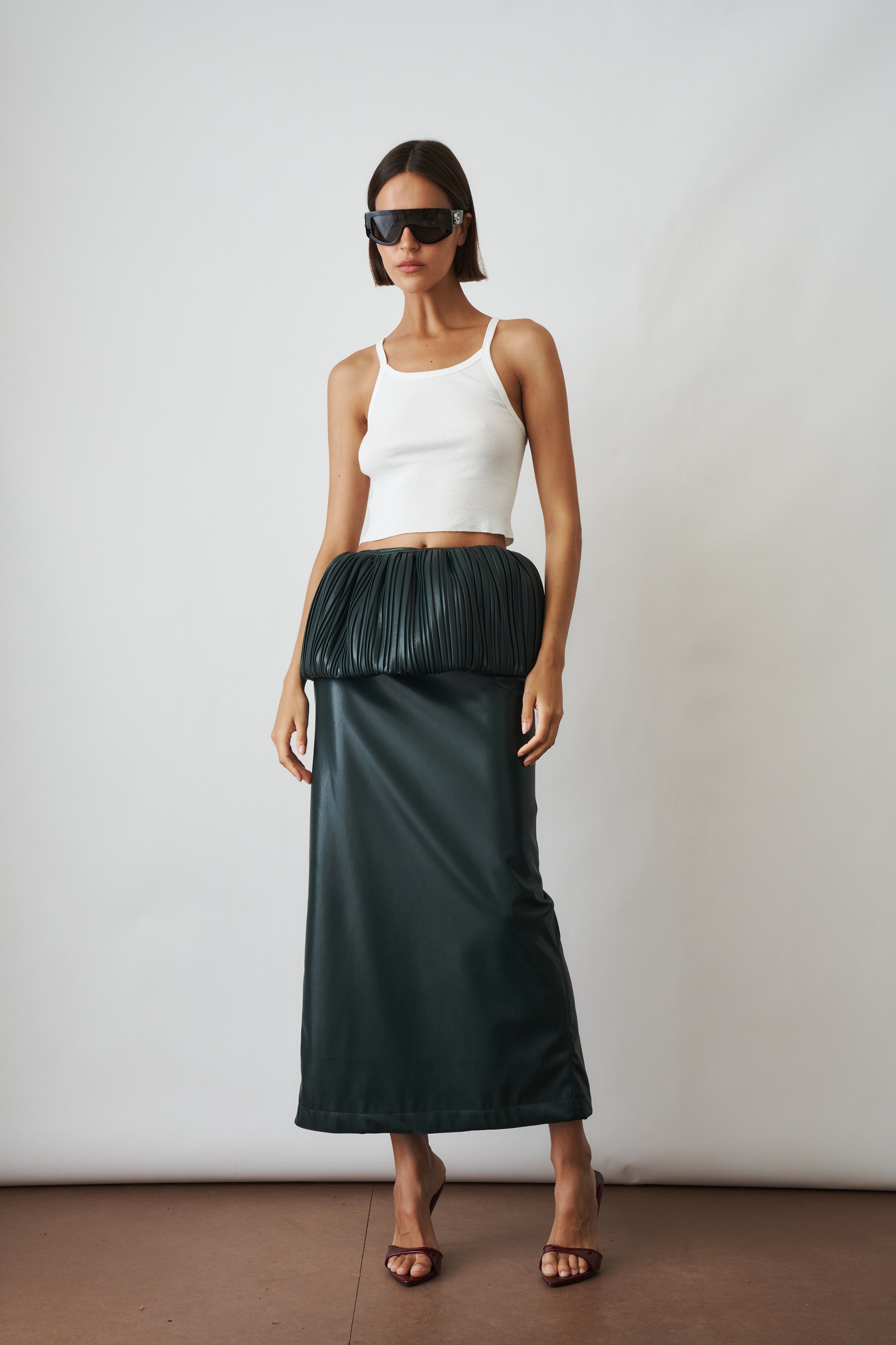 Pleated Balloon Skirt In Eco Leather Green