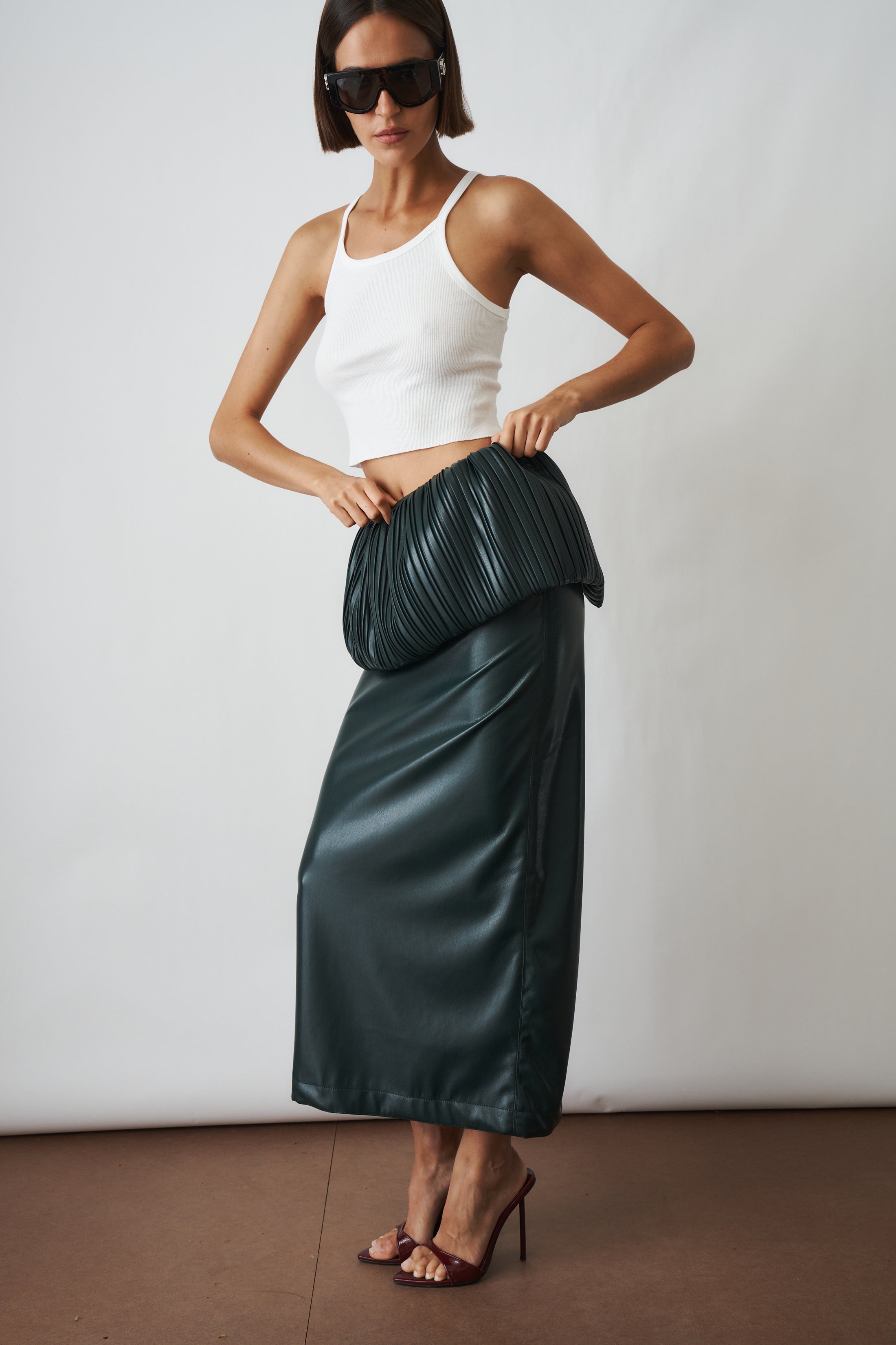 Pleated Balloon Skirt In Eco Leather Green