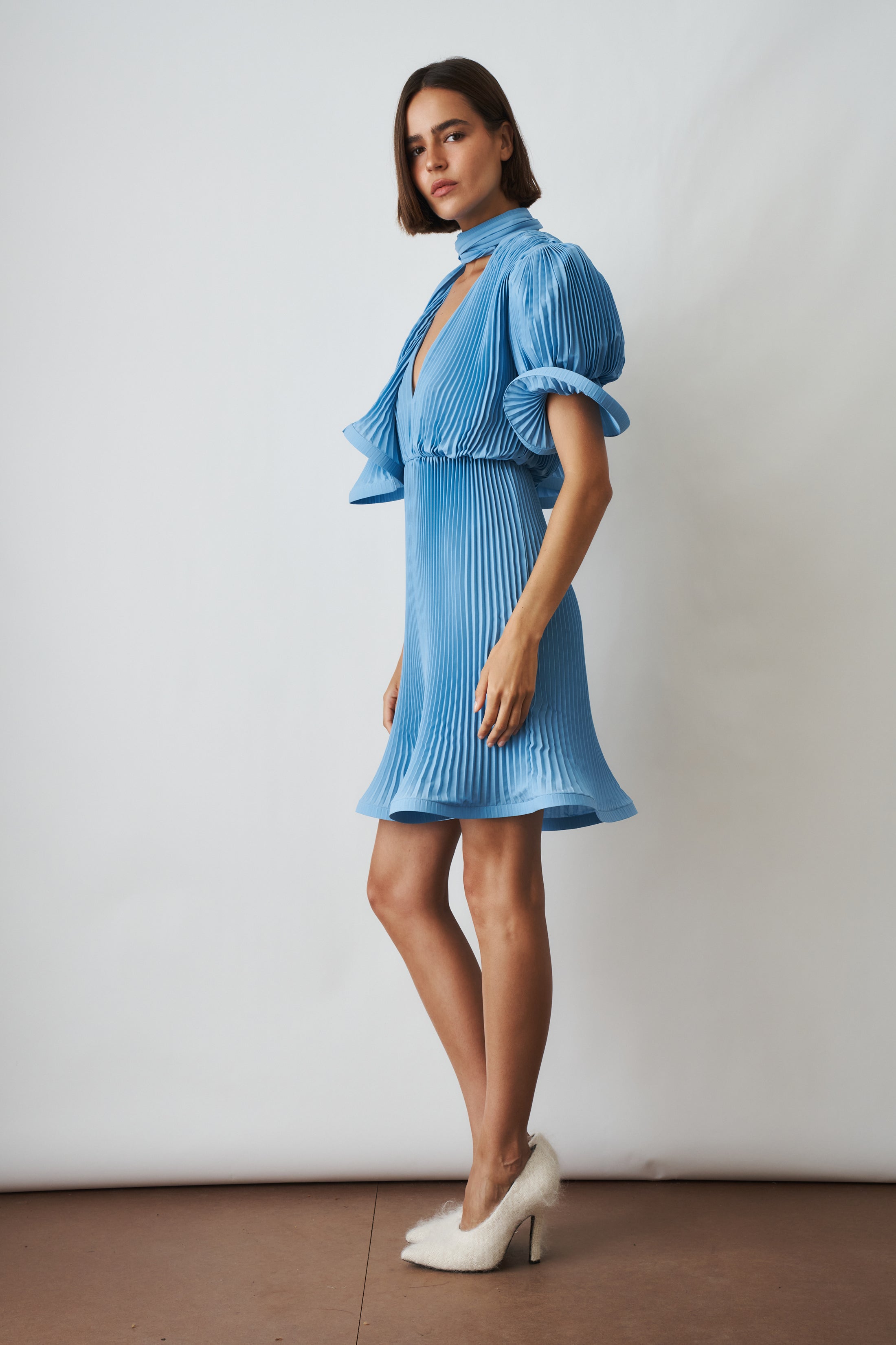 Pleated Puffy Mini Dress with Scarf In Georgette Blue