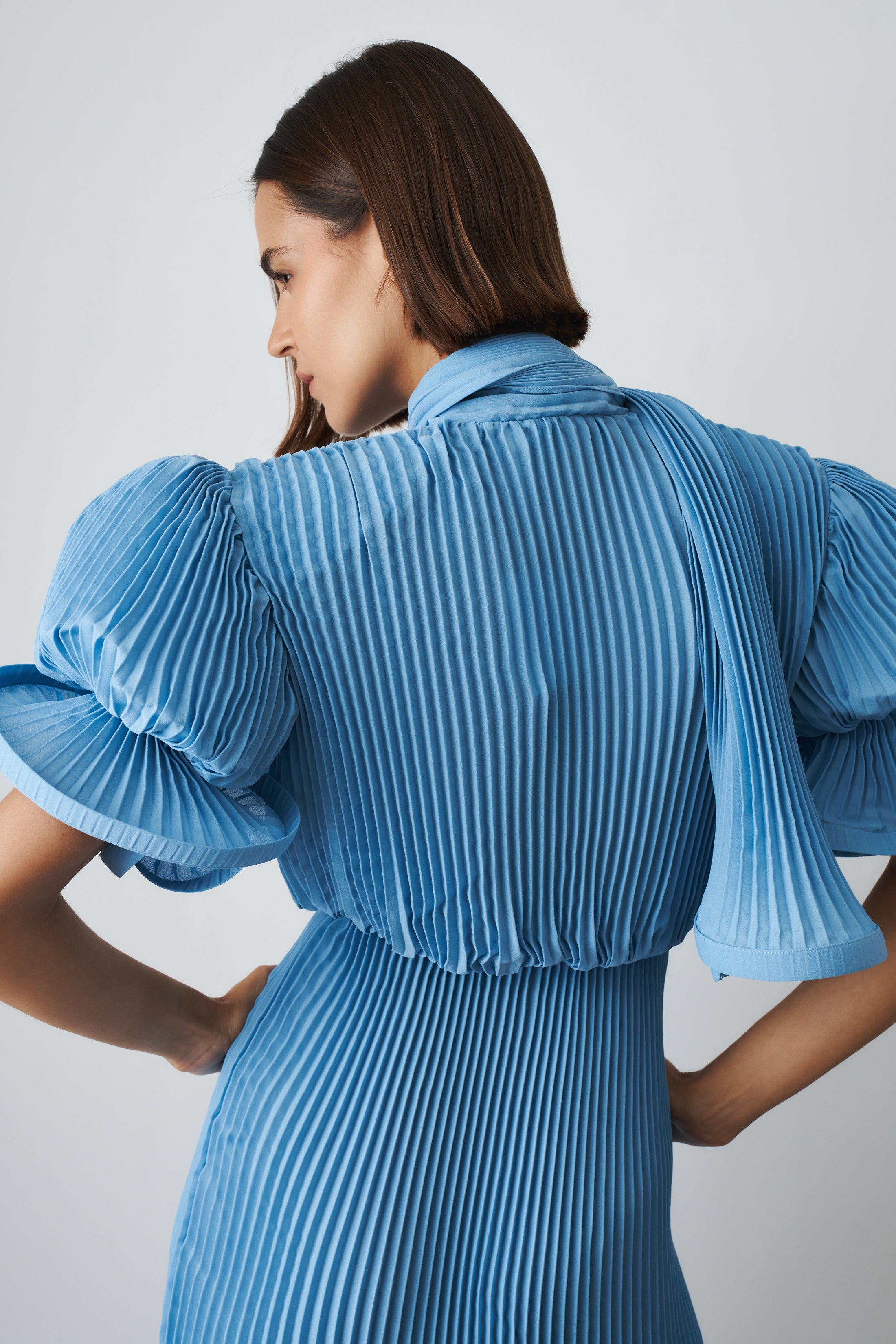 Pleated Puffy Mini Dress with Scarf In Georgette Blue