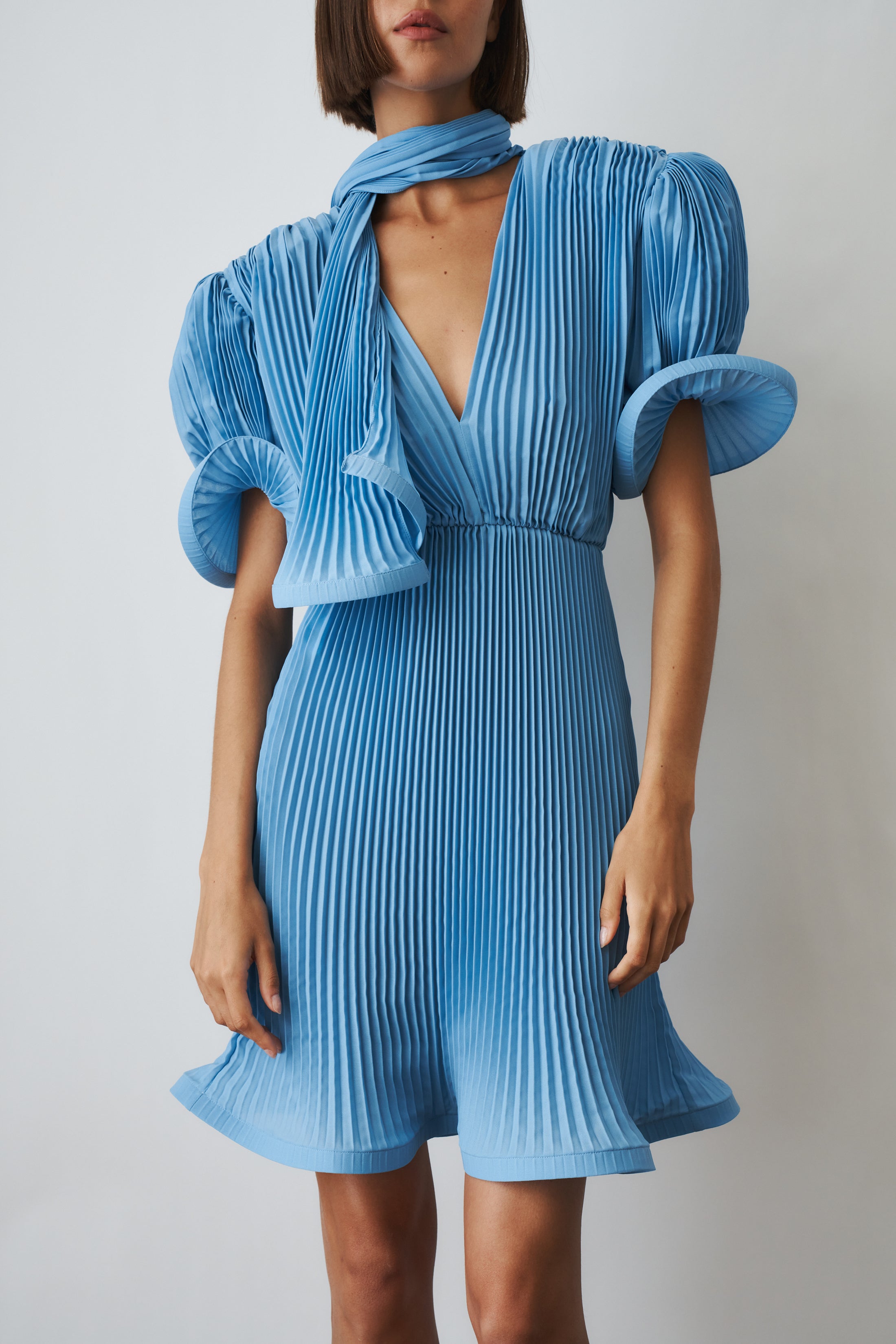 Pleated Puffy Mini Dress with Scarf In Georgette Blue