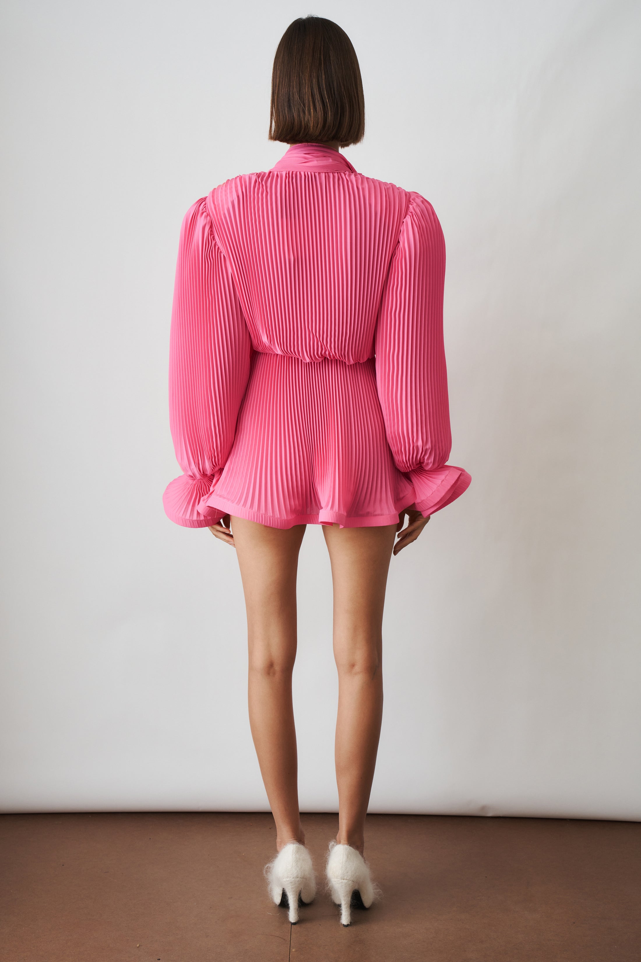 Pleated Puffy Mini Dress with Scarf In Pink