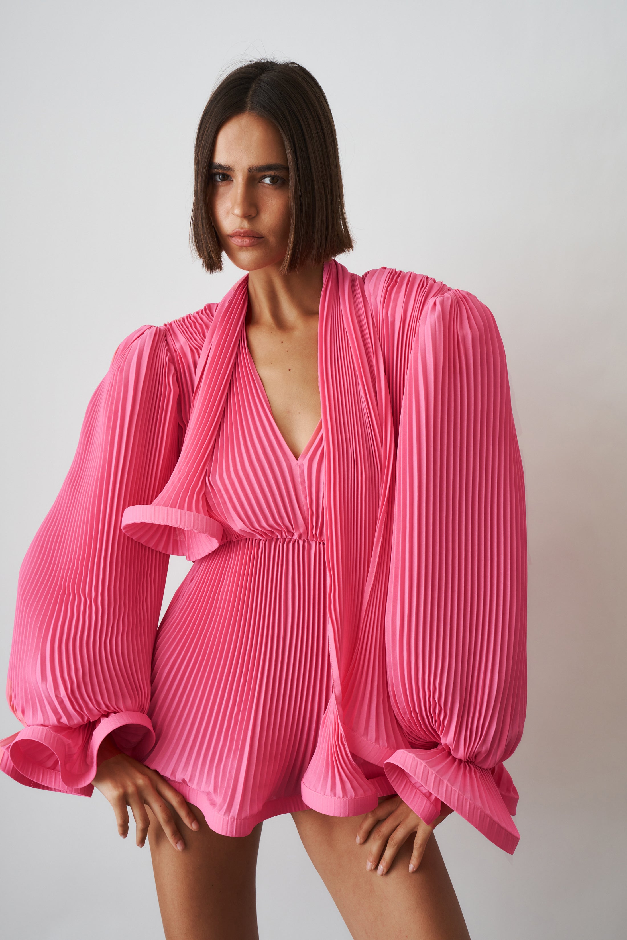Pleated Puffy Mini Dress with Scarf In Pink