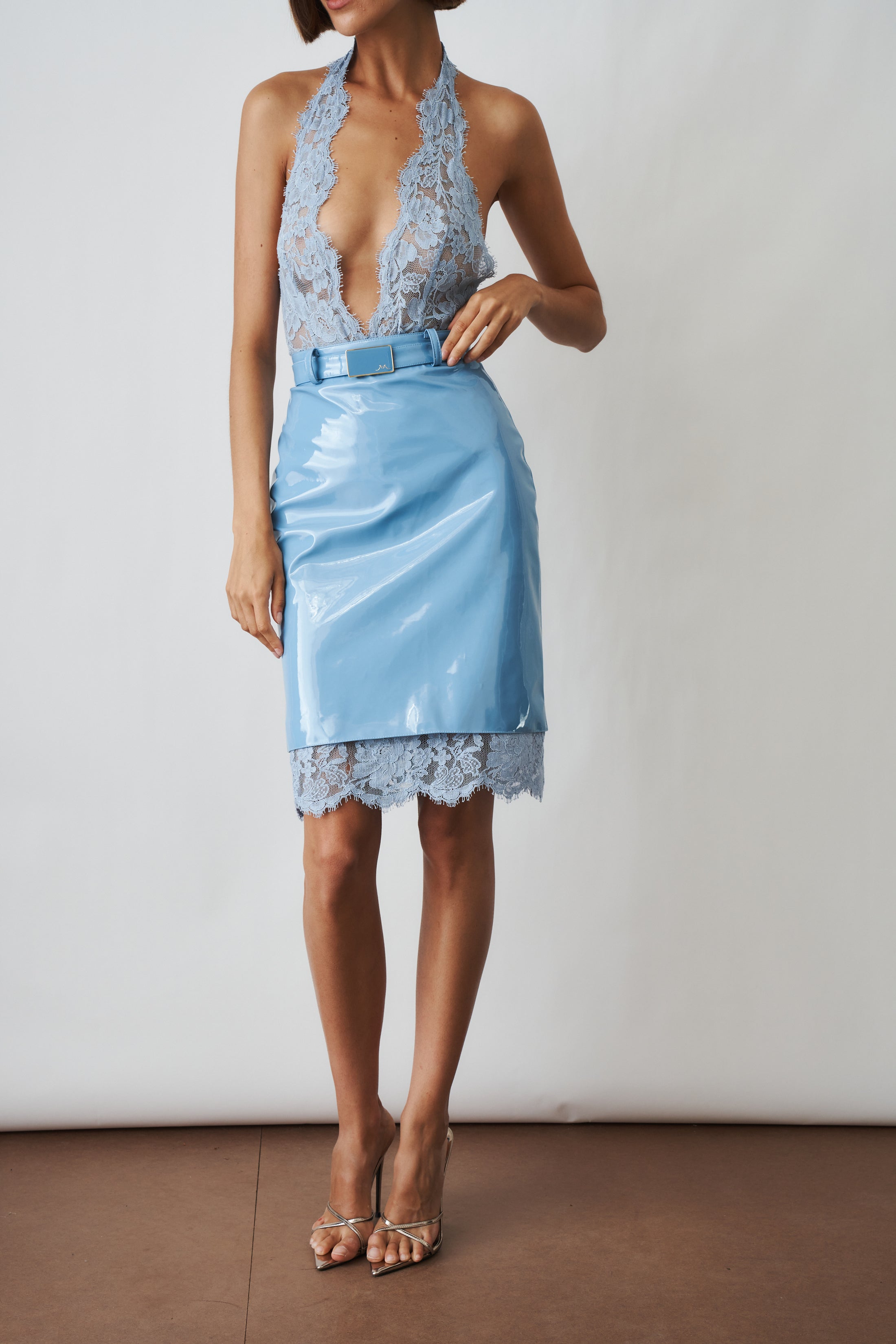 Midi Skirt With Lace Contrasts Vinyl Blue
