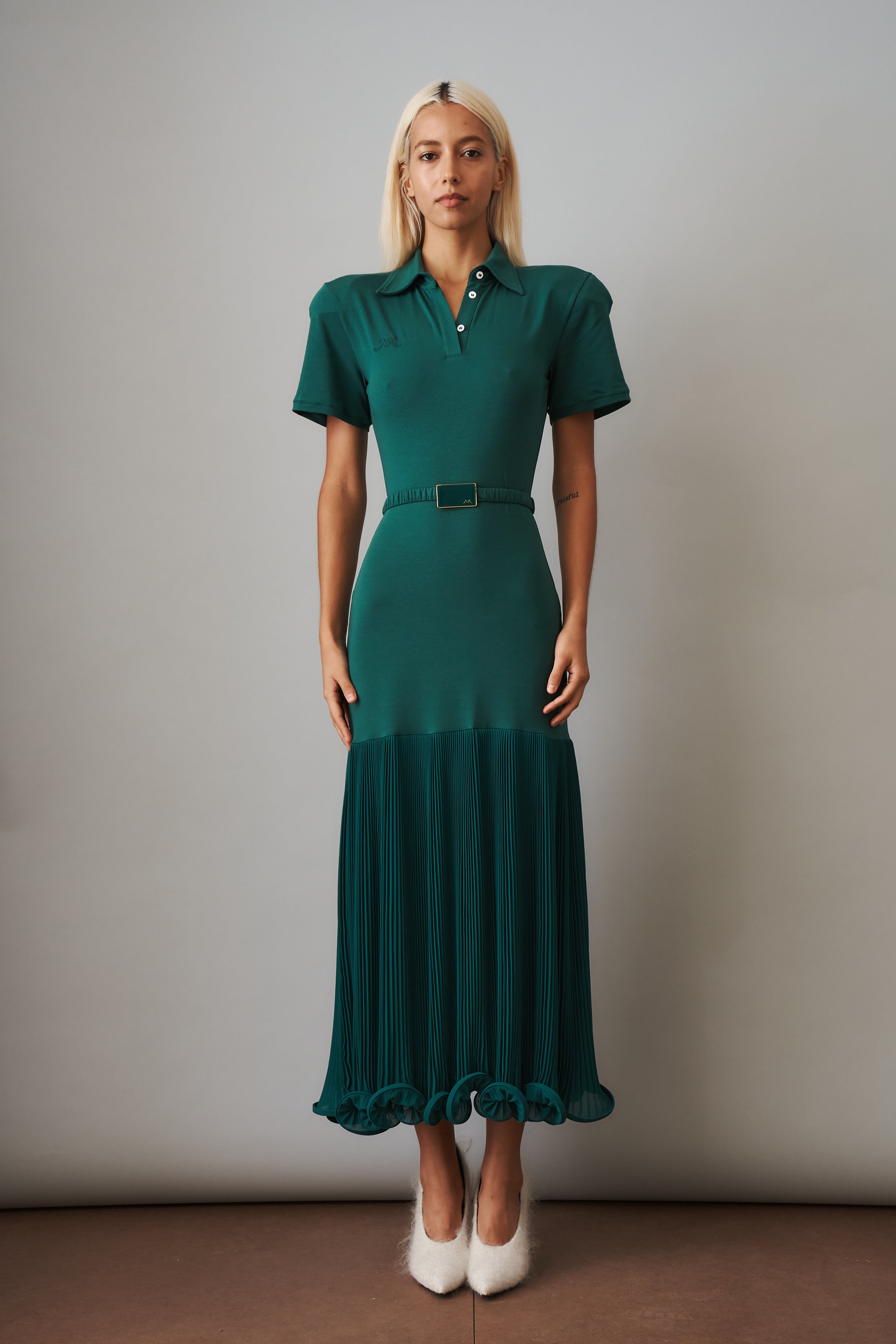 Polo Dress with Pleated Skirt in Green