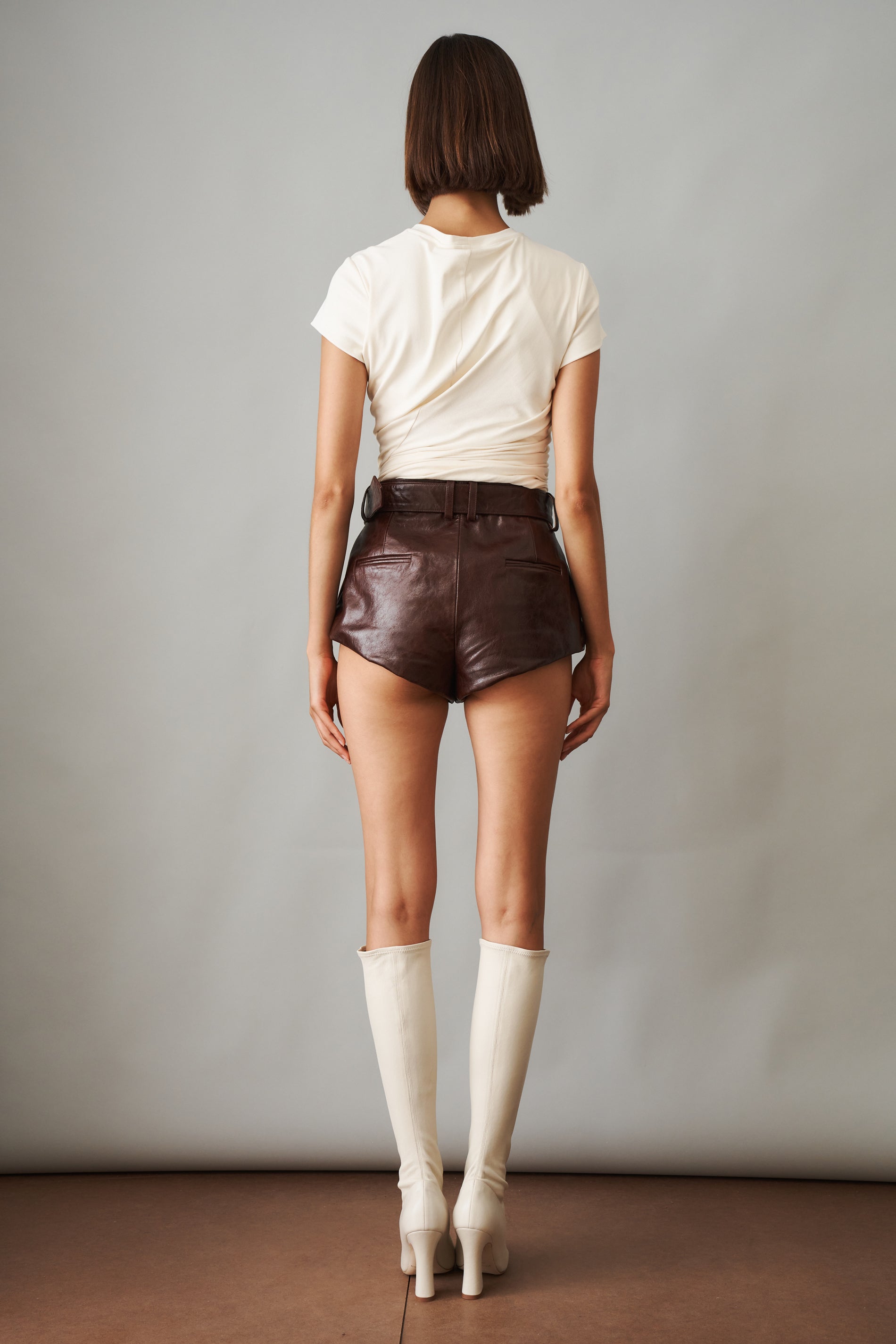 Belted Flared Leather Shorts in Vintage Brown