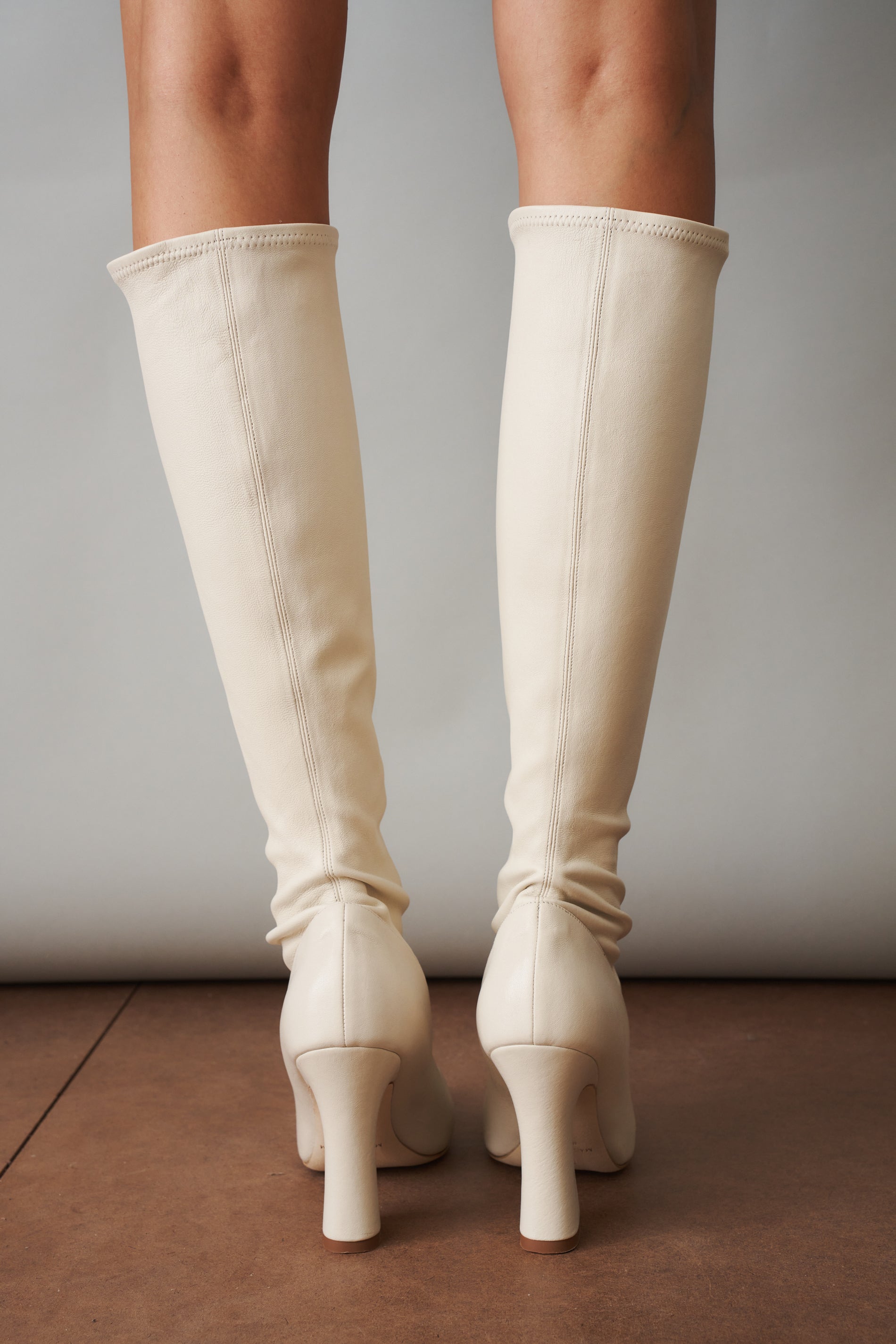 Thick Heel Leather Boot in Cream