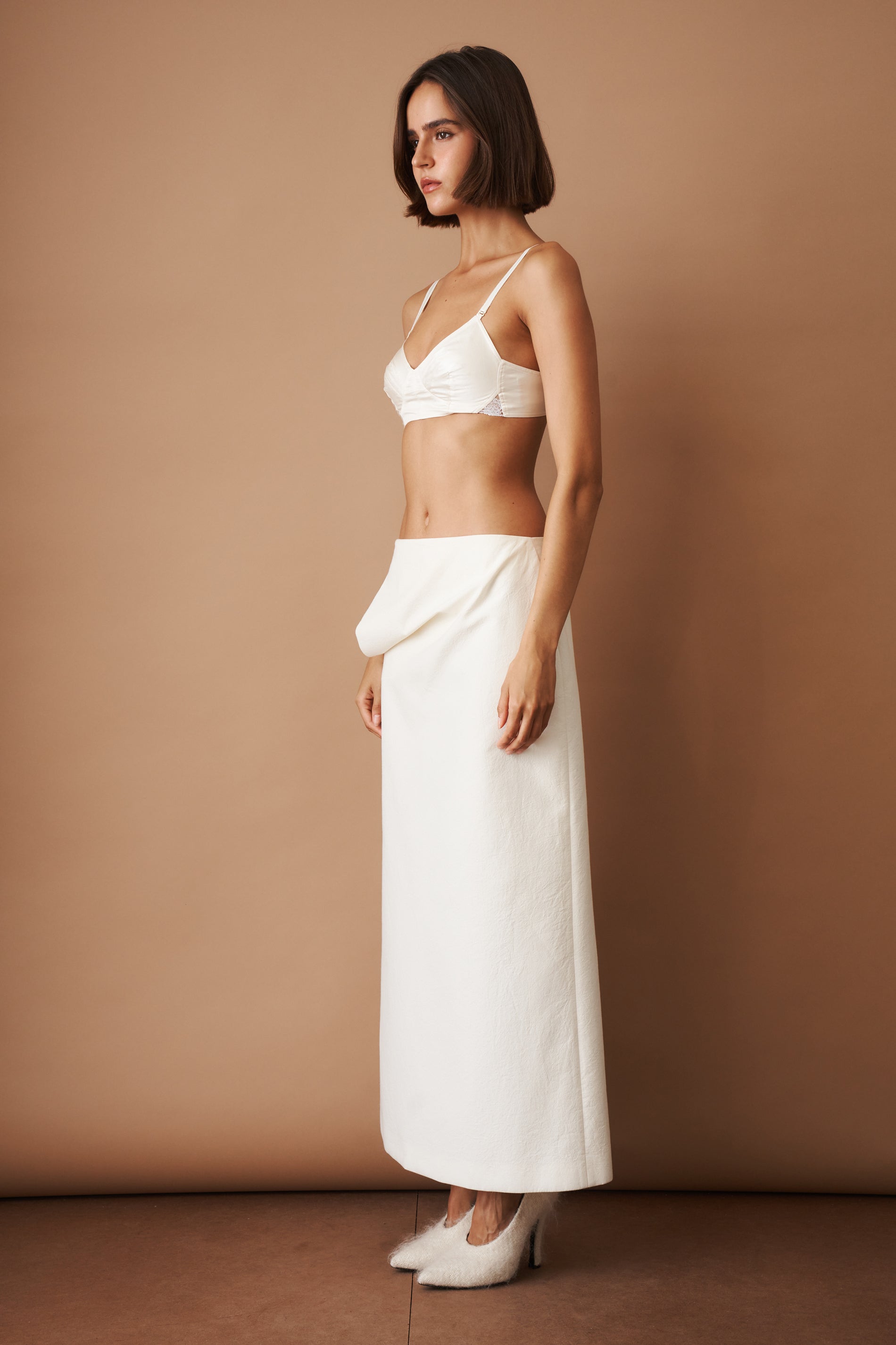 Lace Insert Satin Bra in Cream