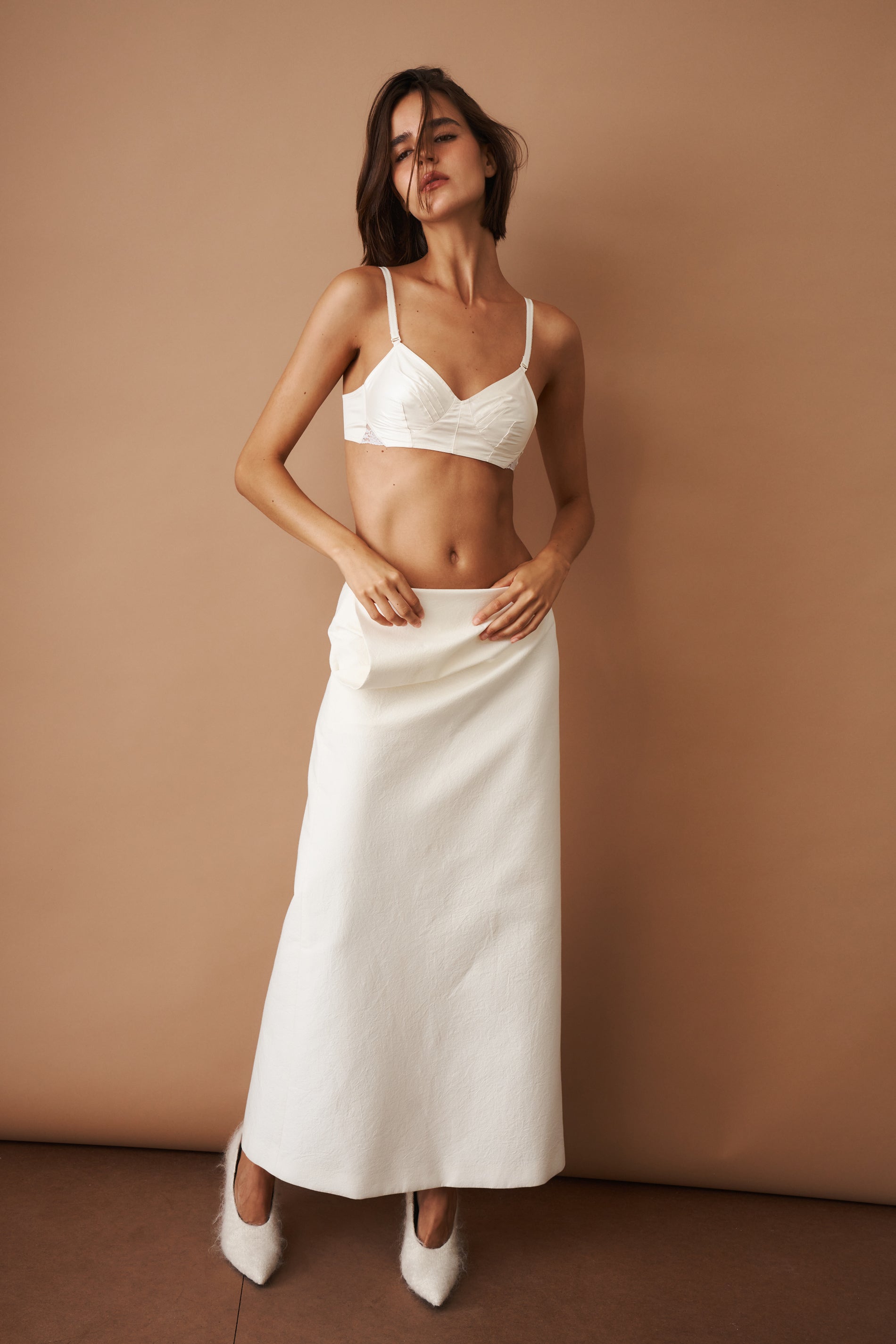 Silk Draped Cream Maxi Skirt
