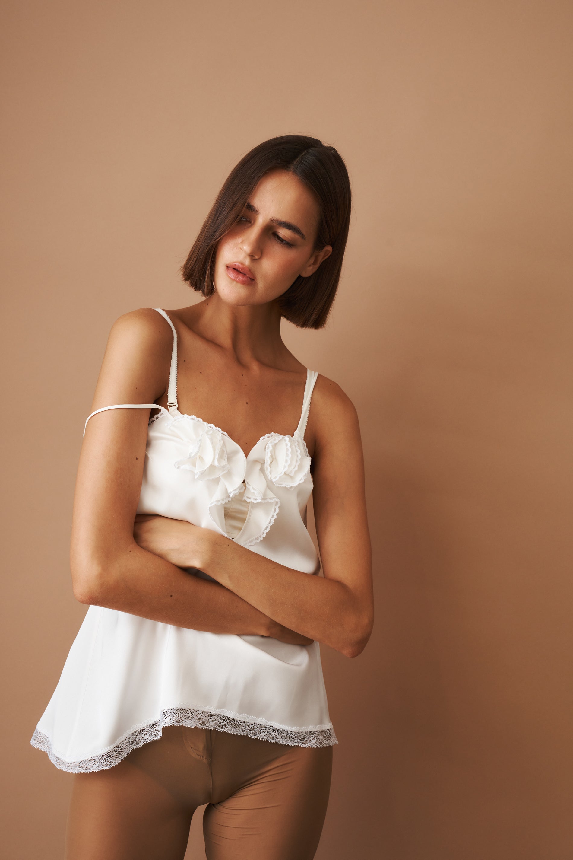 Lace Trimmed Silk Camisole White