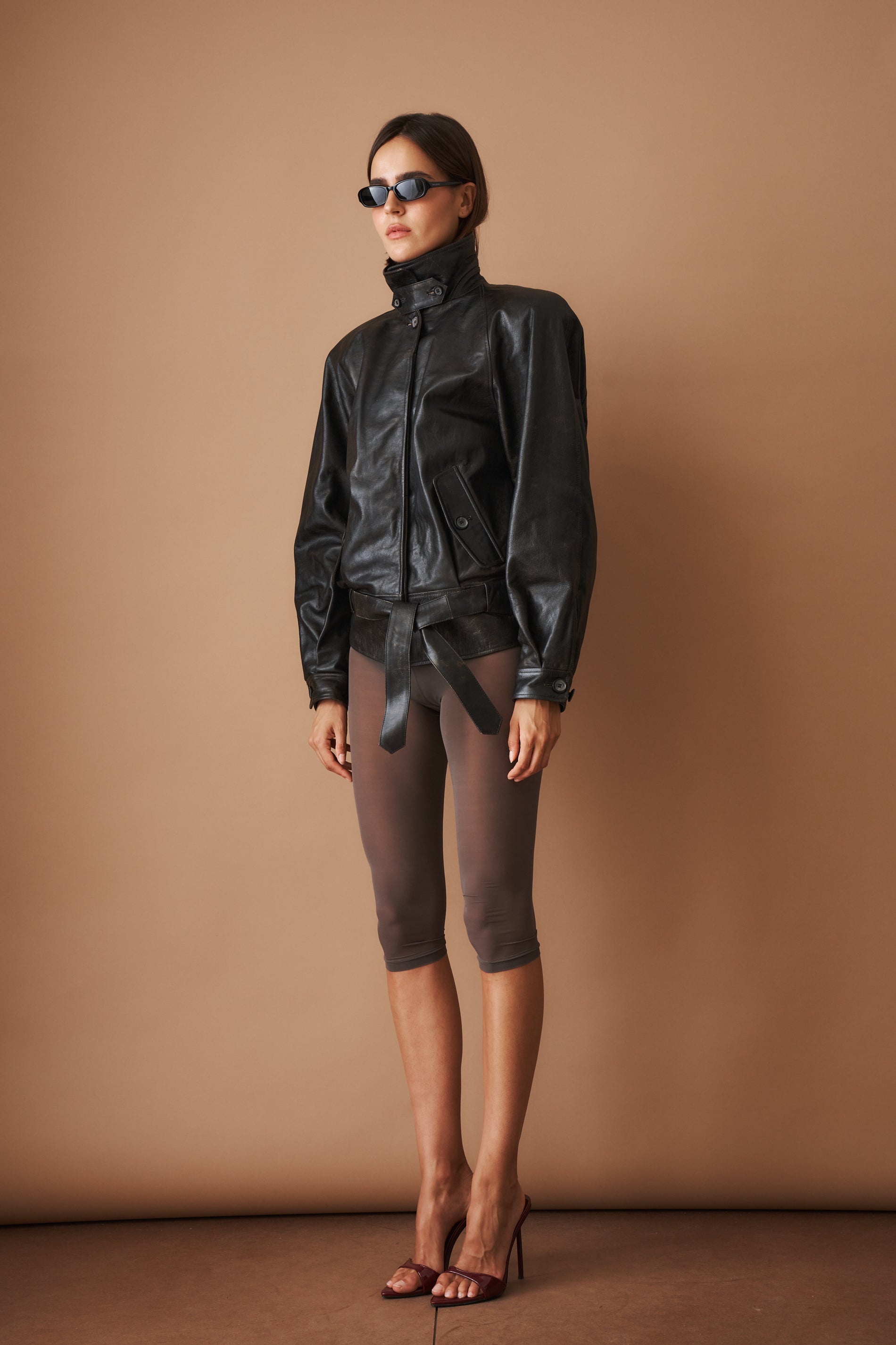 Belted Leather Jacket in Vintage Black