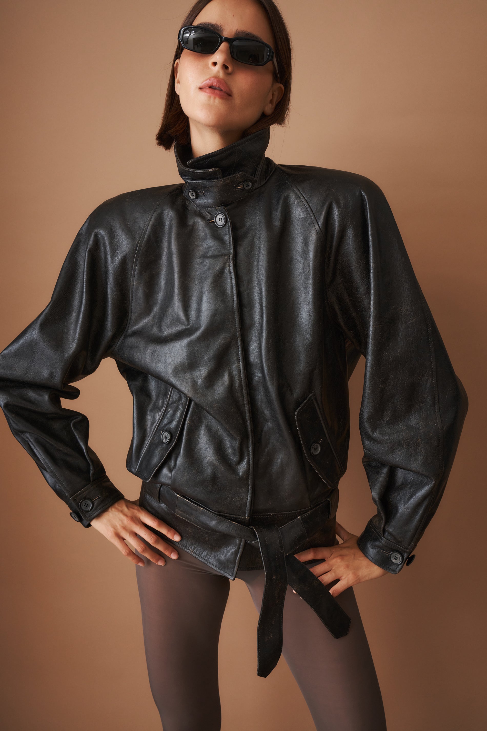 Belted Leather Jacket in Vintage Black