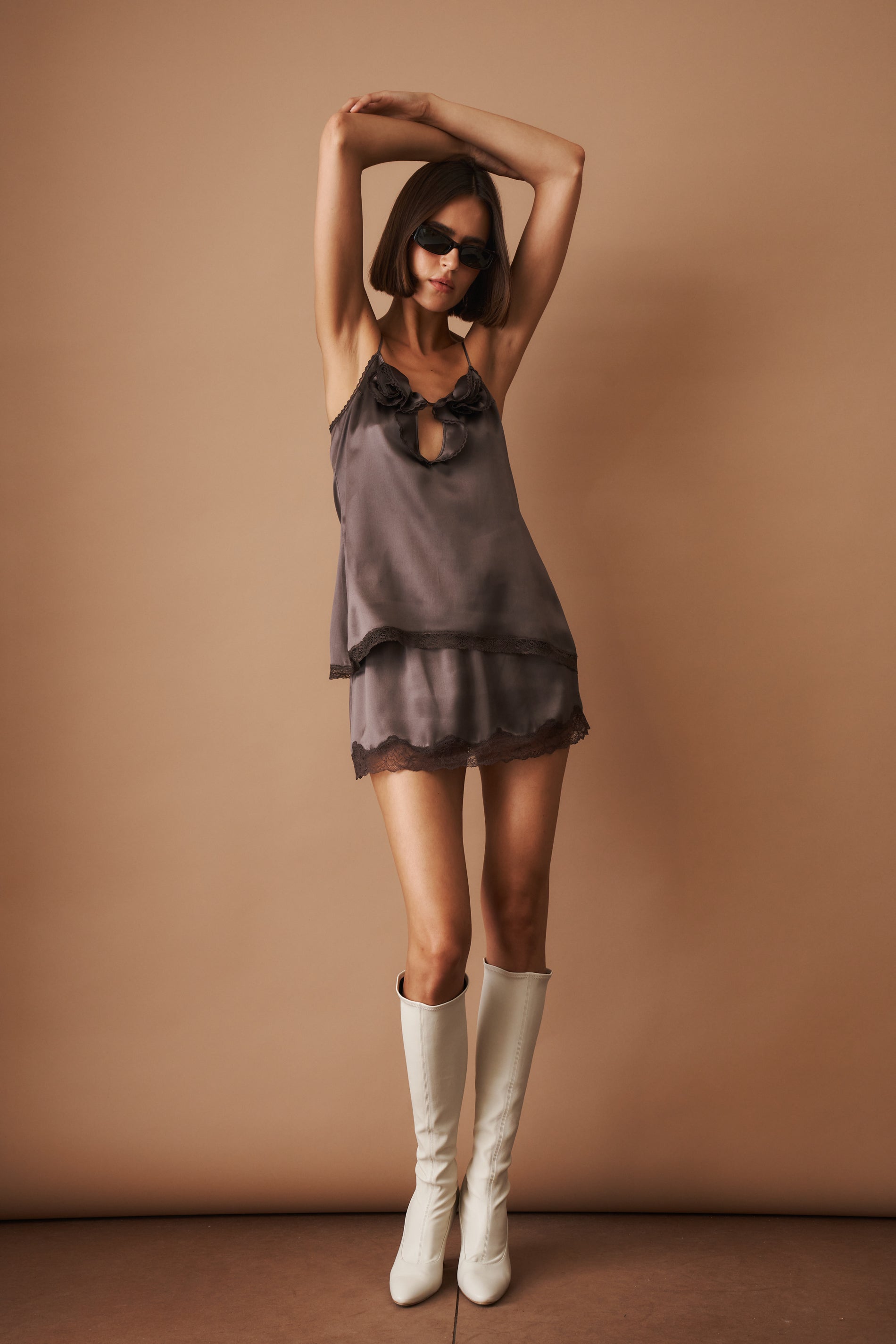 Mini Slip Skirt with Lace Trimmed Hem in Brown