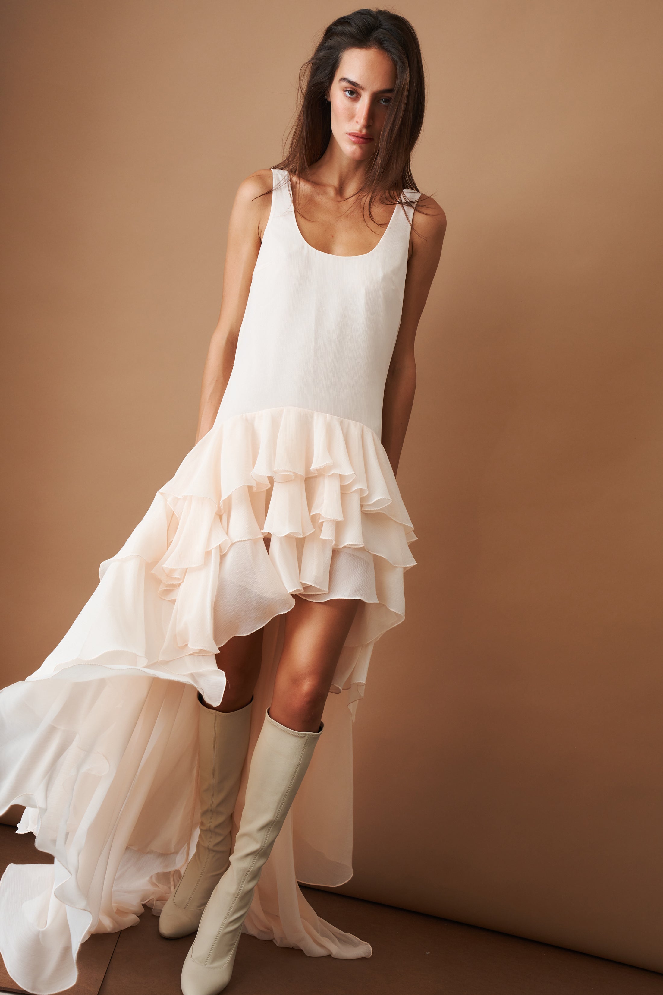 Rotate chiffon ruffle dress with flowing fabric and layered ruffles, stylish and elegant for special occasions.