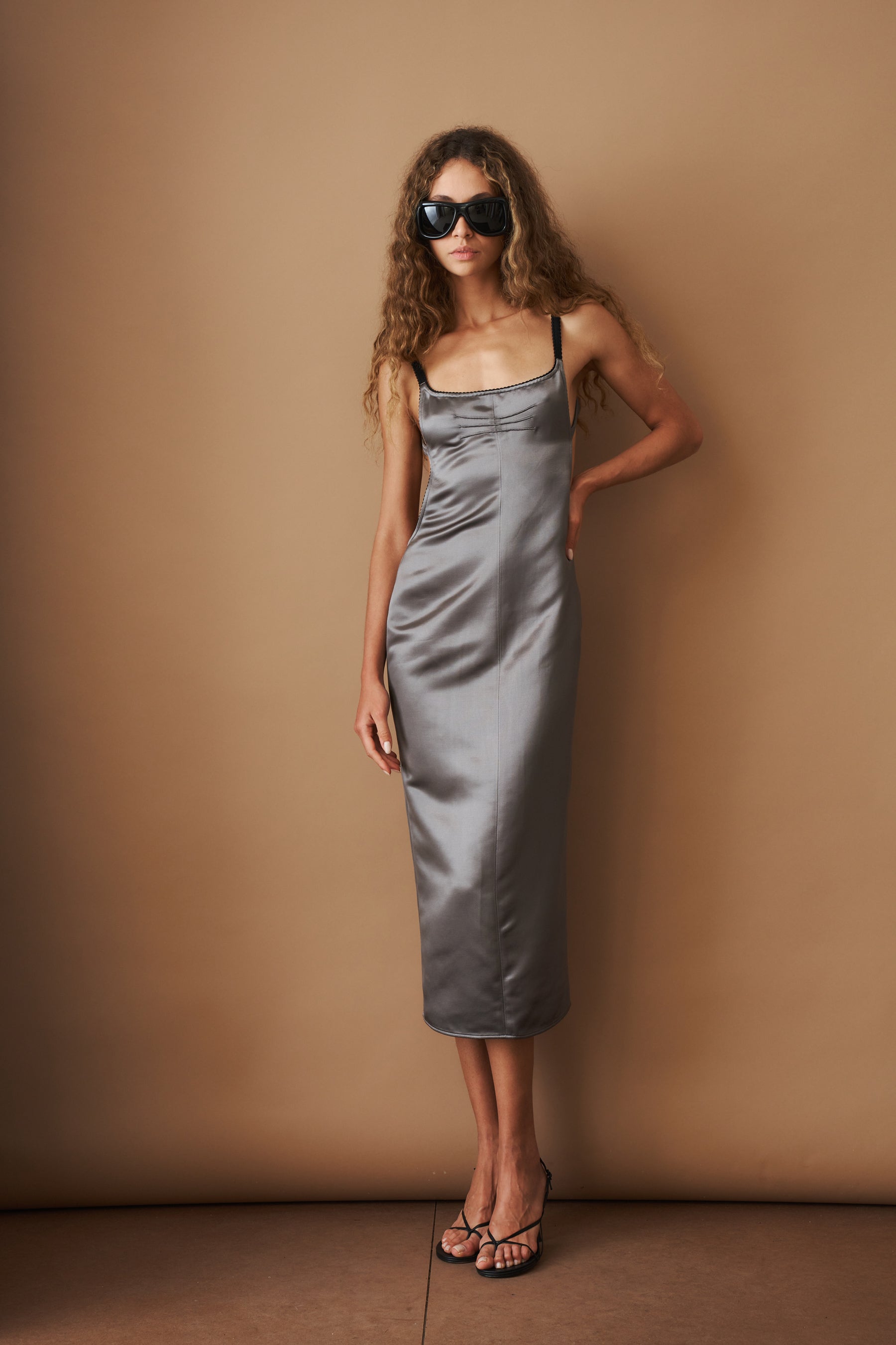 Grey Satin Midi Dress - DÉSORDRE