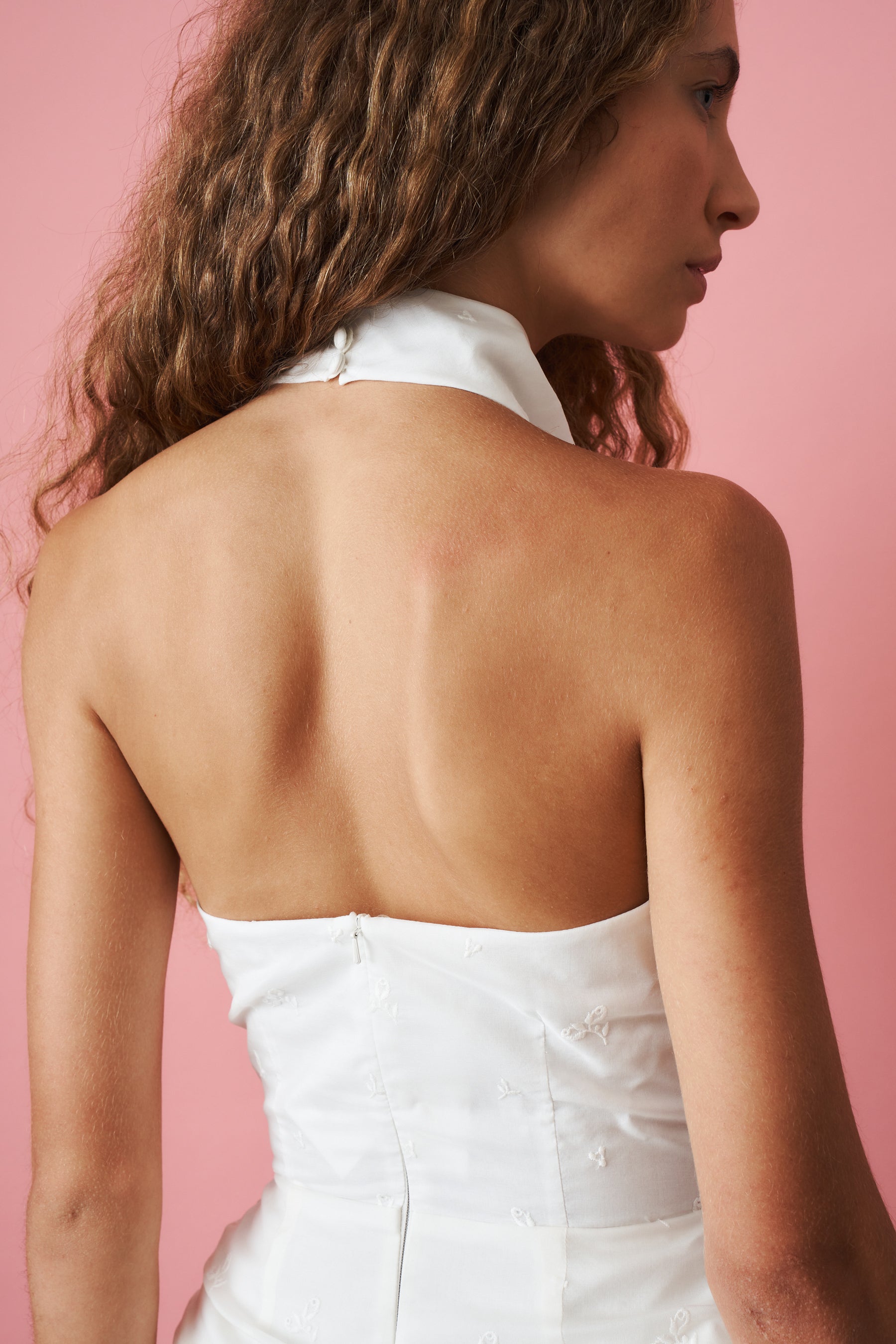 Halterneck Mini Dress with Draped Embroidered Skirt in Cream - DÉSORDRE